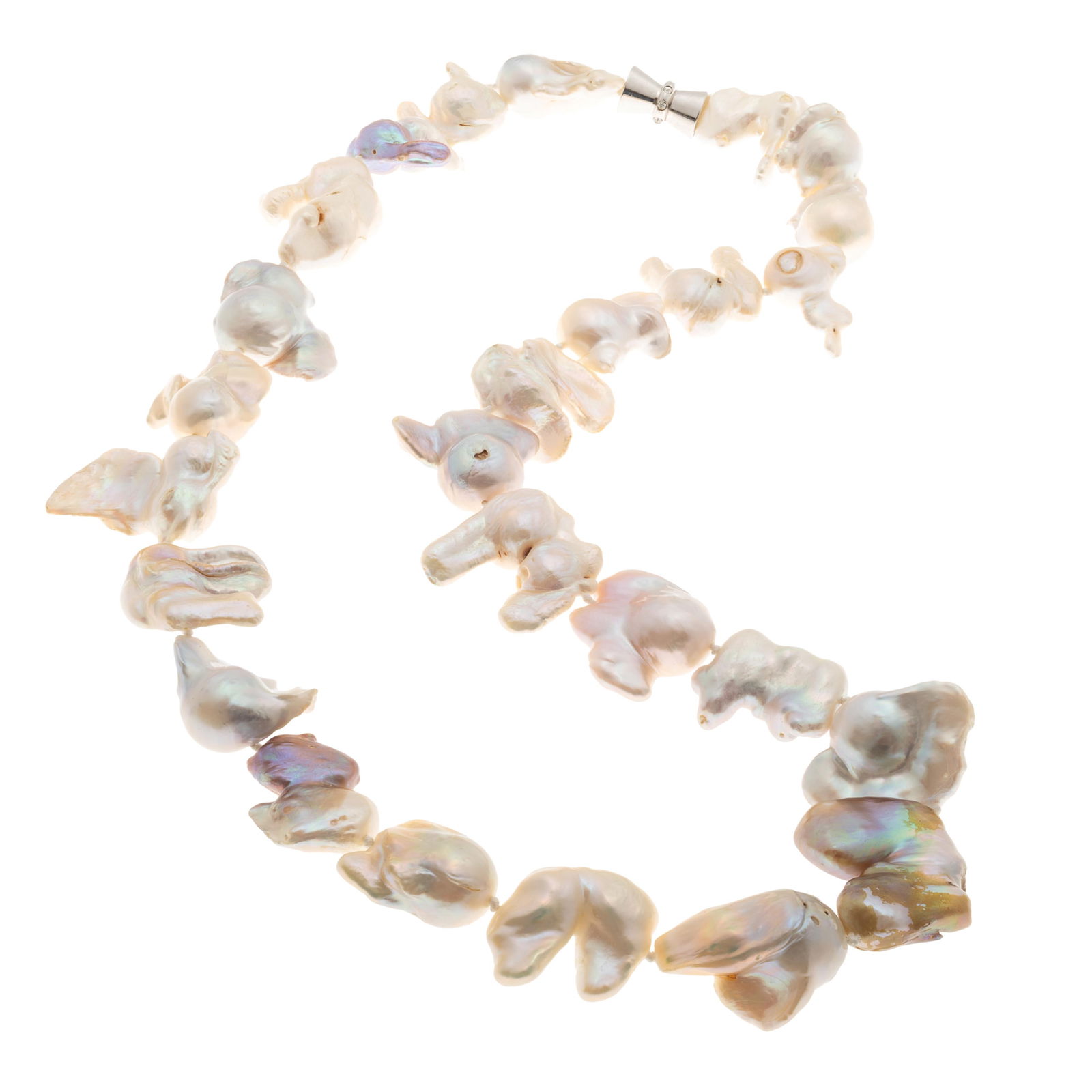 Baroque Freshwater Cultured Pearl Necklace: Baroque Freshwater Cultured Pearl Necklace Composed of twenty-six baroque freshwater cultured pearls measuring from approximately 32.0 x 29.0 to 22.0 x 21.0 mm, completed by a crystal, silver-tone