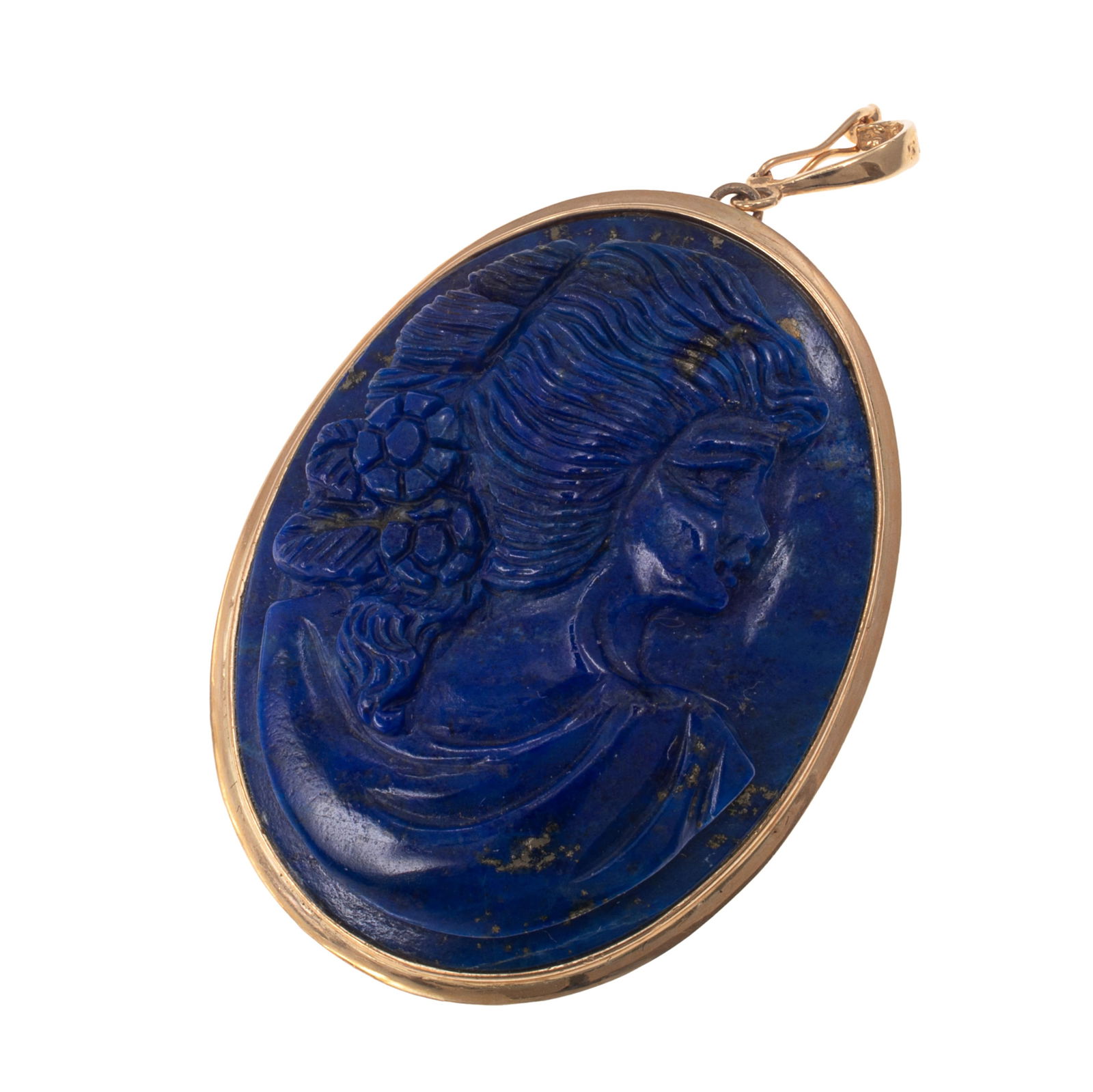 Lapis Lazuli Cameo, 14k Pin Pendant: Lapis Lazuli Cameo, 14k Pin Pendant Featuring an oval lapis lazuli cameo of a beauty in profile, set in a 14k yellow gold pin pendant mounting measuring approximately 1.75 x 1.30 inches. Gross