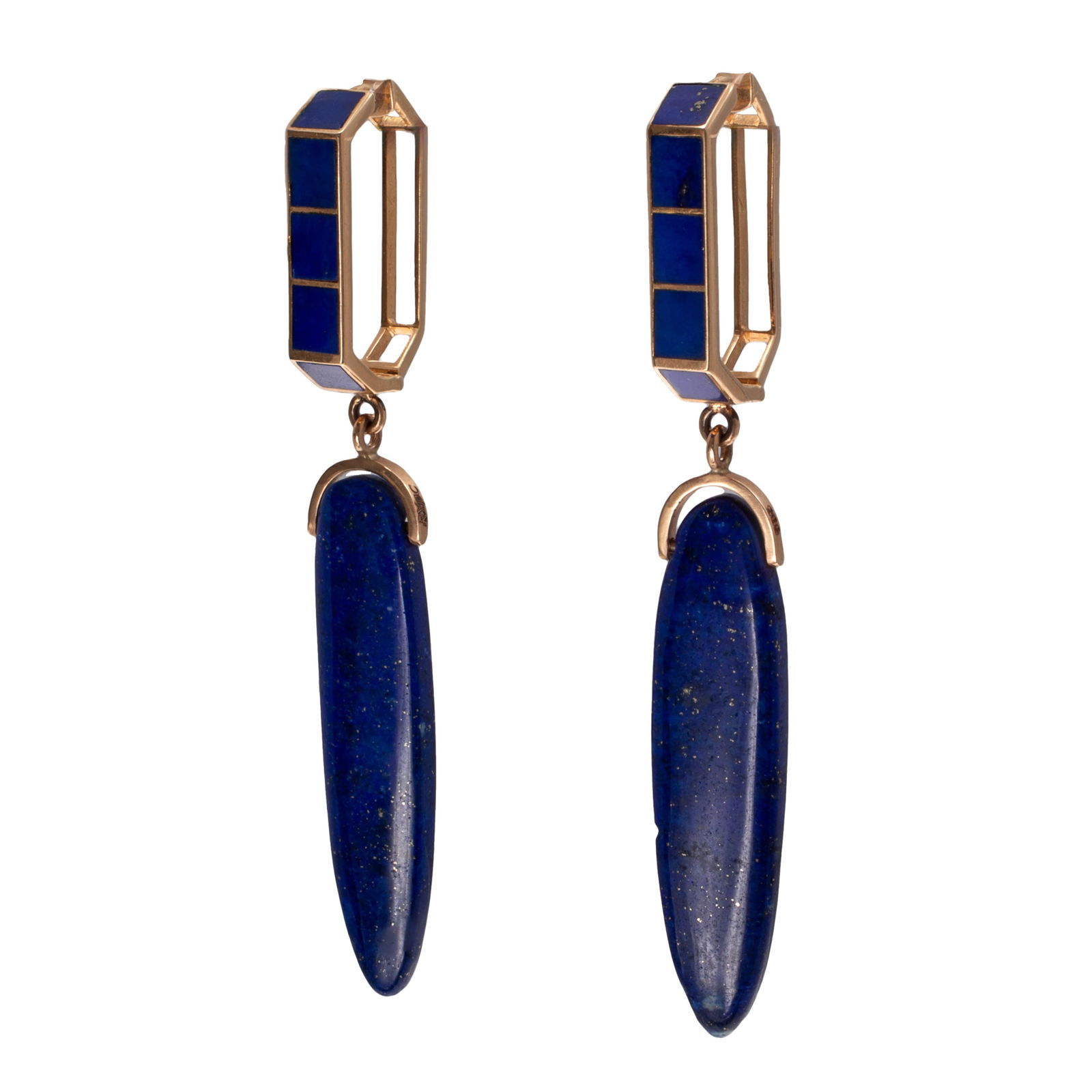 Pair of Lapis Lazuli, 14k Yellow Gold Earrings: Pair of Lapis Lazuli, 14k Yellow Gold Earrings Designed as a lapis lazuli drop suspended by a 14k yellow gold mounting highlighted by inlaid lapis lazuli, each earring measuring approximately 2.80