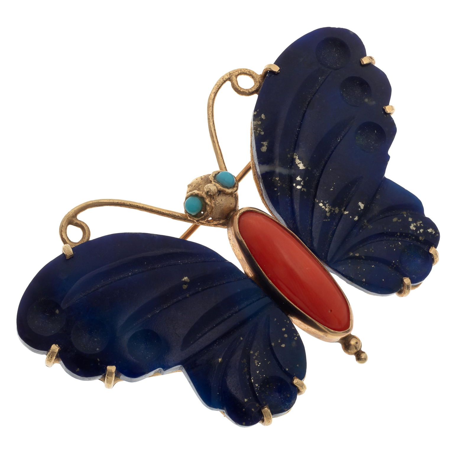 Lapis Lazuli, Coral, 14k Butterfly Pin: Lapis Lazuli, Coral, 14k Butterfly Pin Designed as a butterfly, the body an oval coral cabochon accented by two glass "turquoise" eyes, the outstretched wings composed of carved lapis lazuli, set in