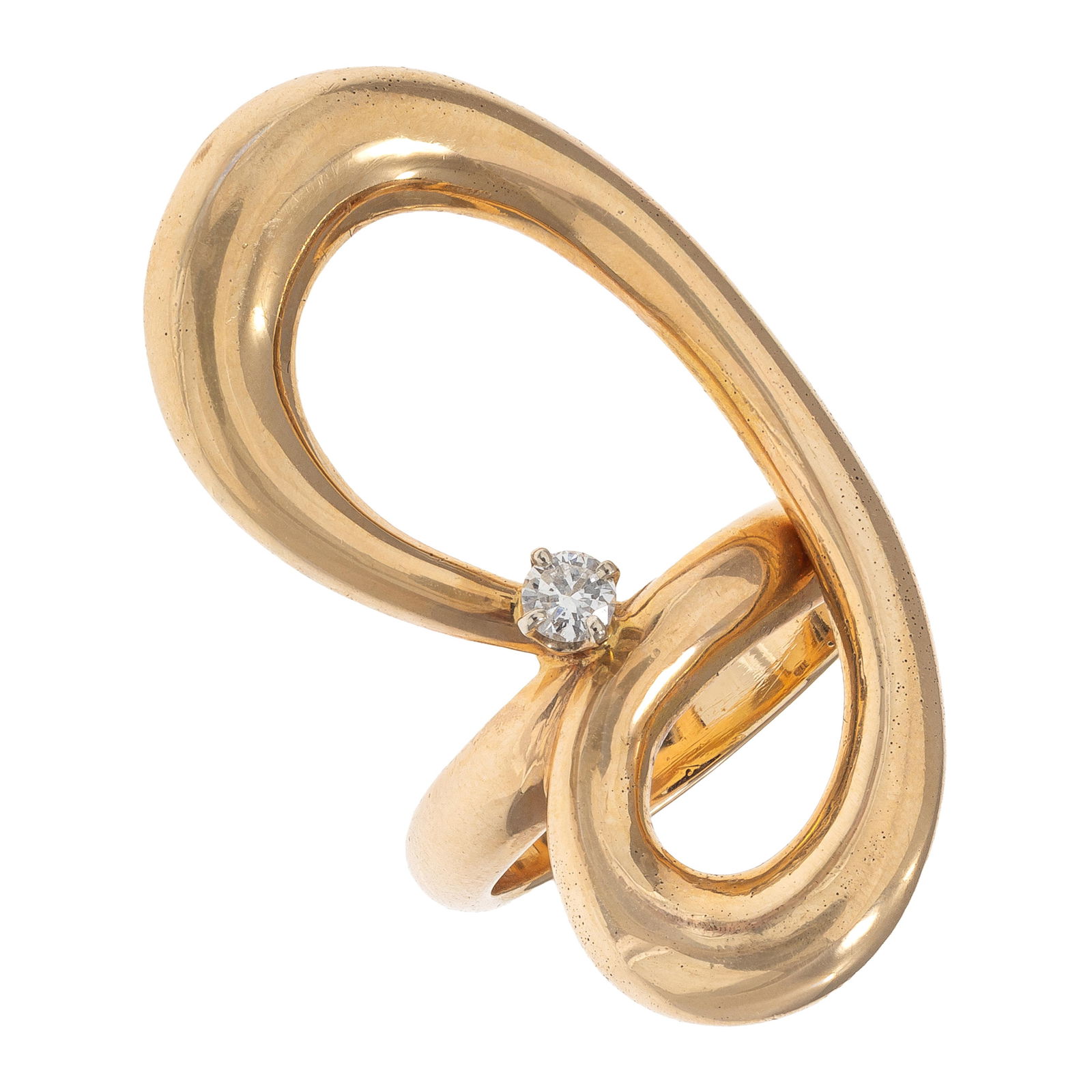 Diamond, 14k Yellow Gold Ring: Diamond, 14k Yellow Gold RingThe sculptural 14k yellow gold ring centering one round brilliant-cut diamond weighing approximately 0.10 ct., size 6 1/4.Gross weight: 13.0 grams.