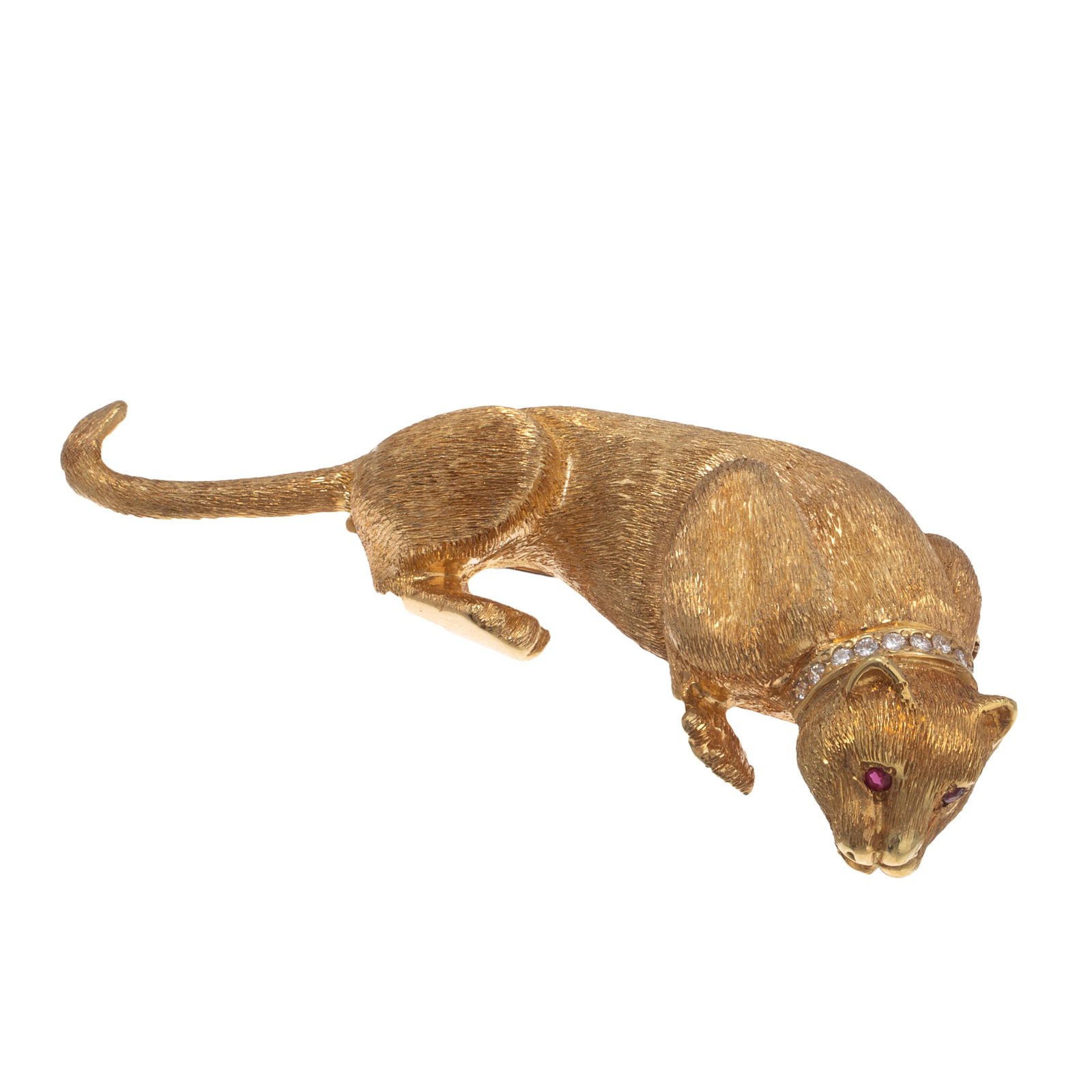 Diamond, Ruby, 18k Yellow Gold Cat Pin: Diamond, Ruby, 18k Yellow Gold Cat PinDesigned as a cat, the eyes two round ruby cabochons, the collar highlighted by ten round brilliant-cut diamonds weighing a total of approximately 0.10 cttw., set
