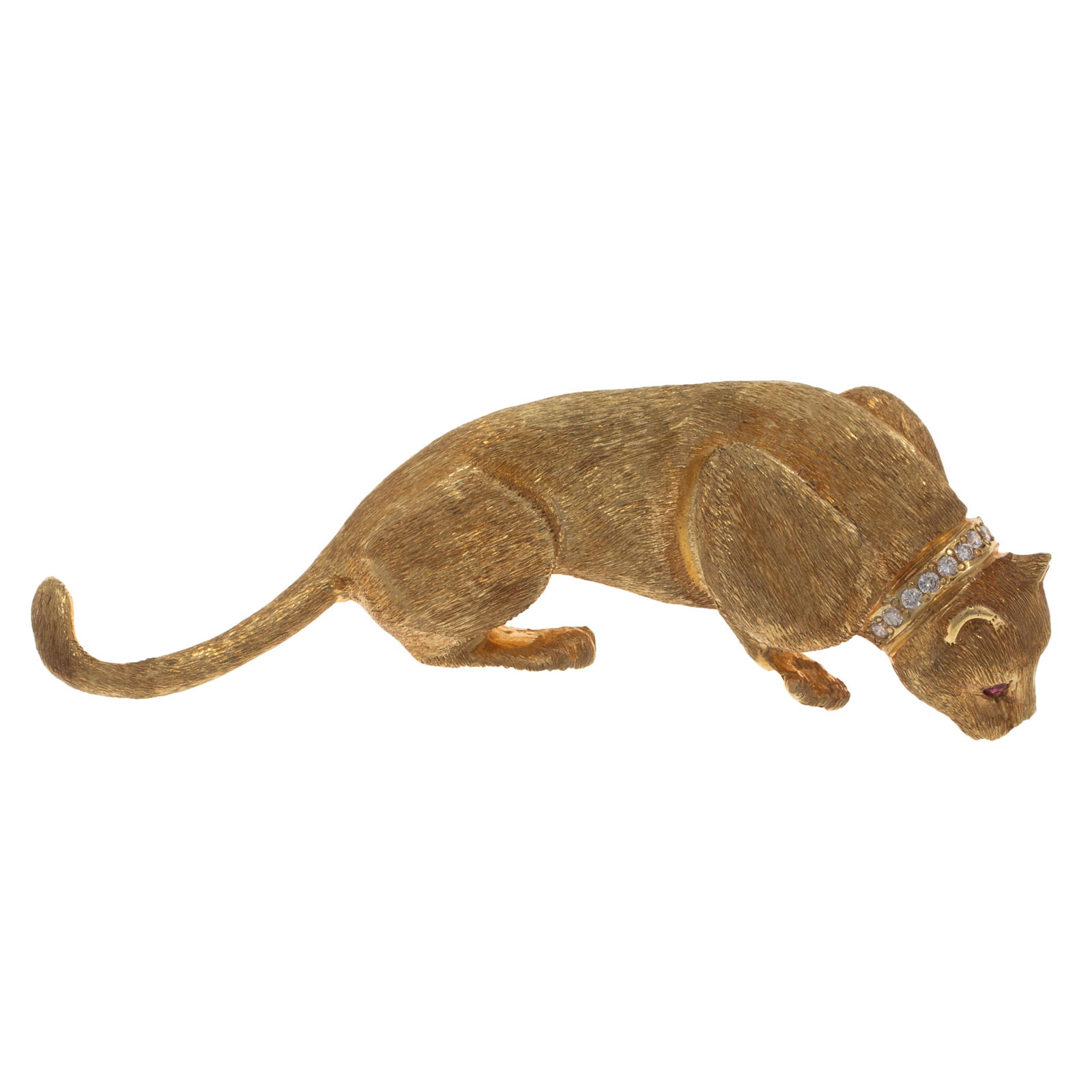 Diamond, Ruby, 18k Yellow Gold Cat Pin - 2