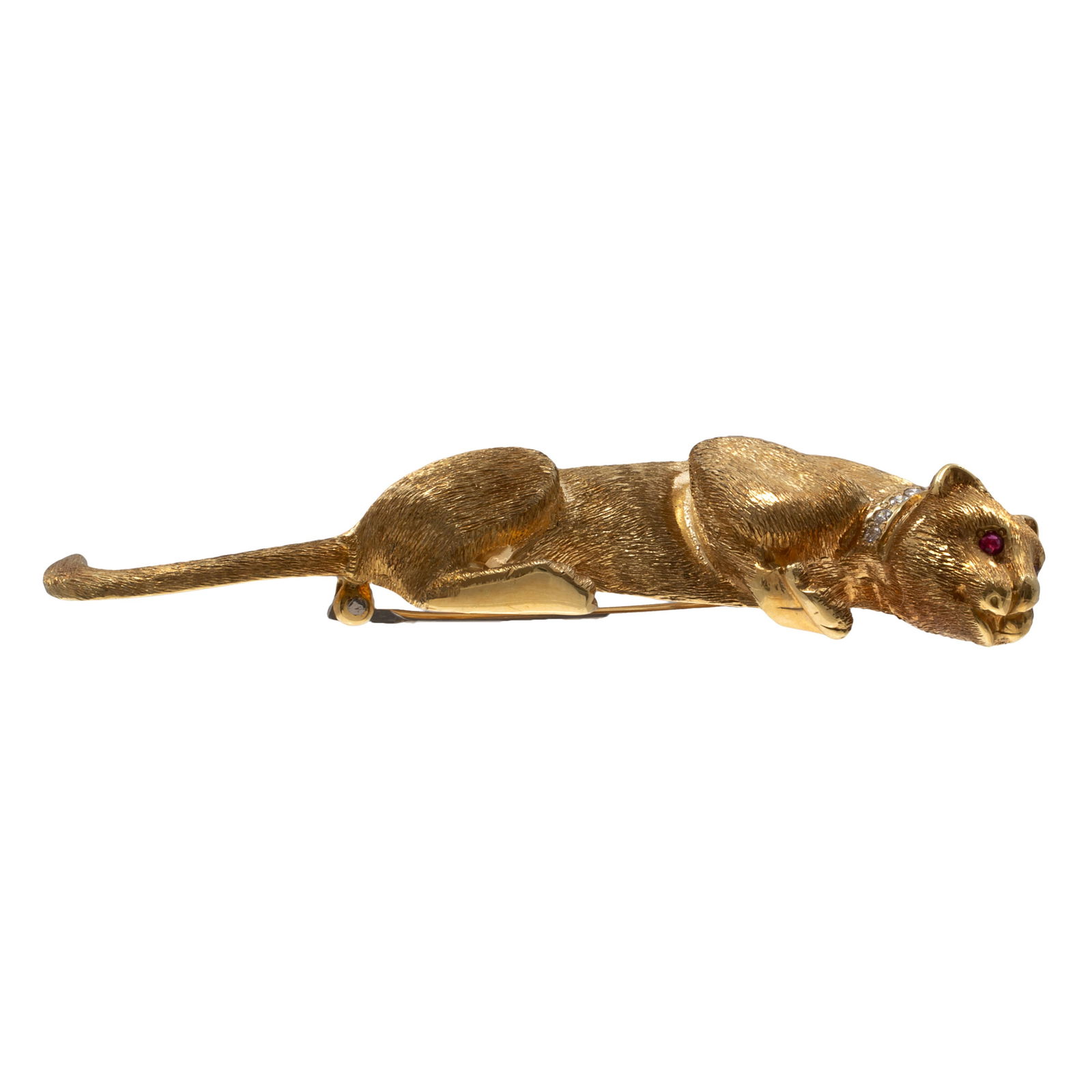 Diamond, Ruby, 18k Yellow Gold Cat Pin - 4
