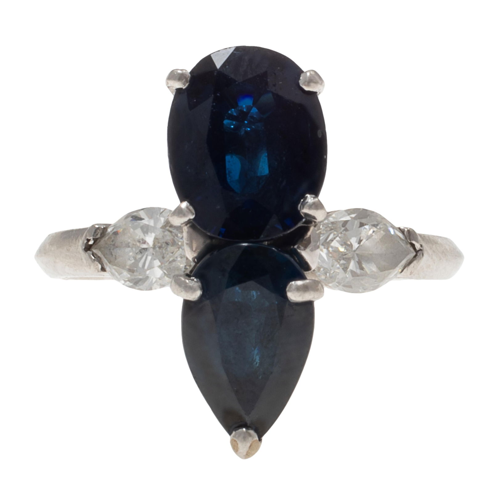 Sapphire, Diamond, Platinum Ring, Mauboussin: Sapphire, Diamond, Platinum Ring, Mauboussin Featuring two pear-shape sapphires weighing a total of approximately 2.85 cts., accented by two marquise-shape diamonds weighing a total of approximately