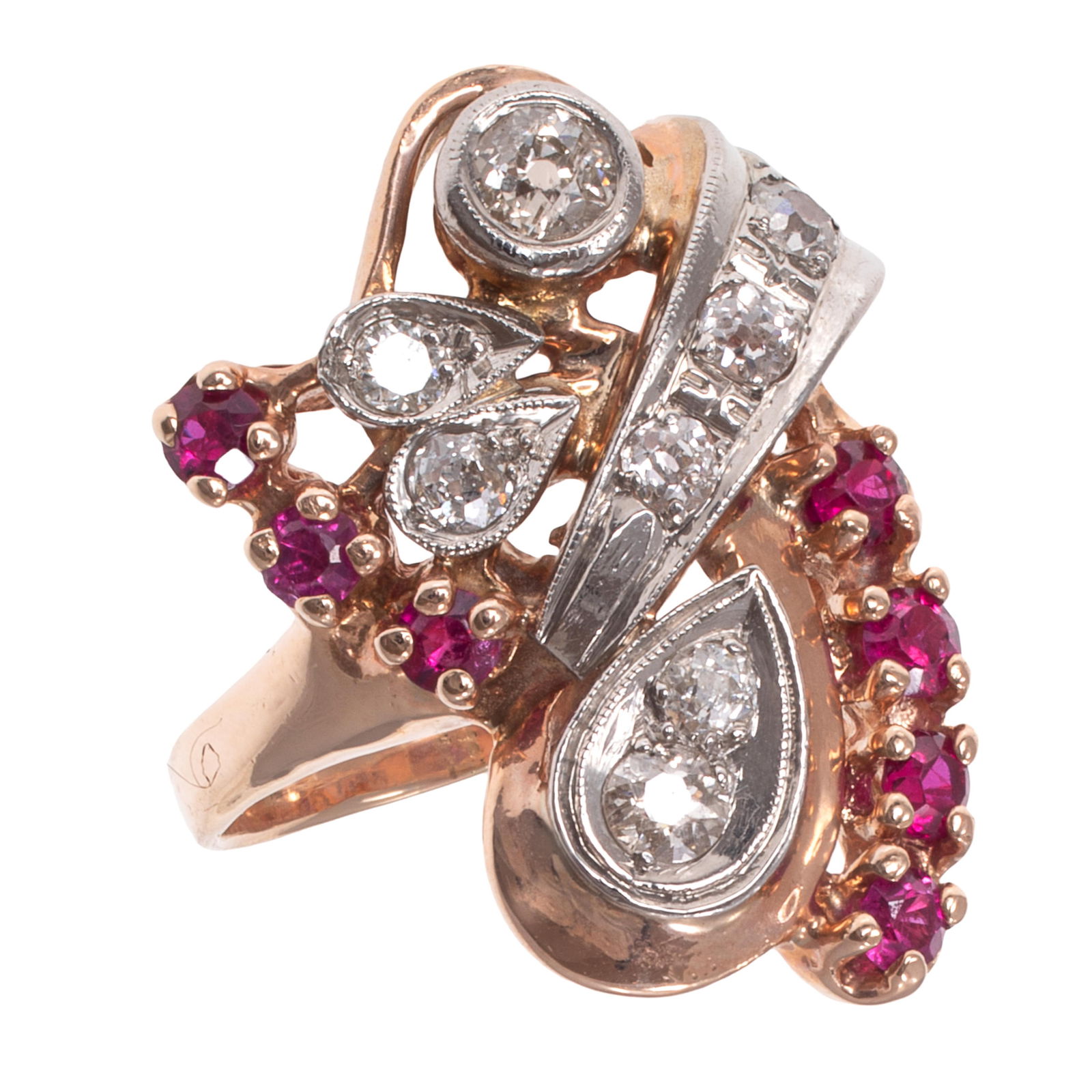 Retro Diamond, Synthetic Ruby, 14k Rose and White Gold Ring (1 of 5)