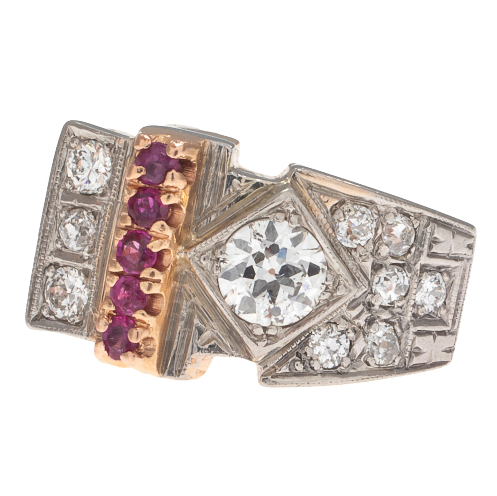 Retro Diamond, Ruby, 14k Rose and White Gold Ring (1 of 5)