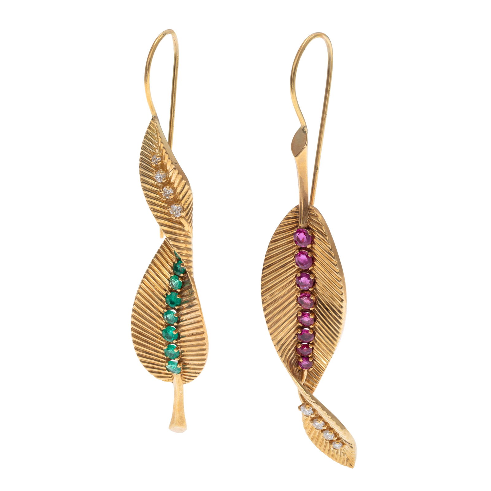 Pair of Diamond, Emerald, Ruby, 18k Earrings: Pair of Diamond, Emerald, Ruby, 18k EarringsEach designed as a leaf, one earring featuring four round brilliant-cut diamonds and eight round-cut emeralds weighing a total of approximately 1.34 cttw.,