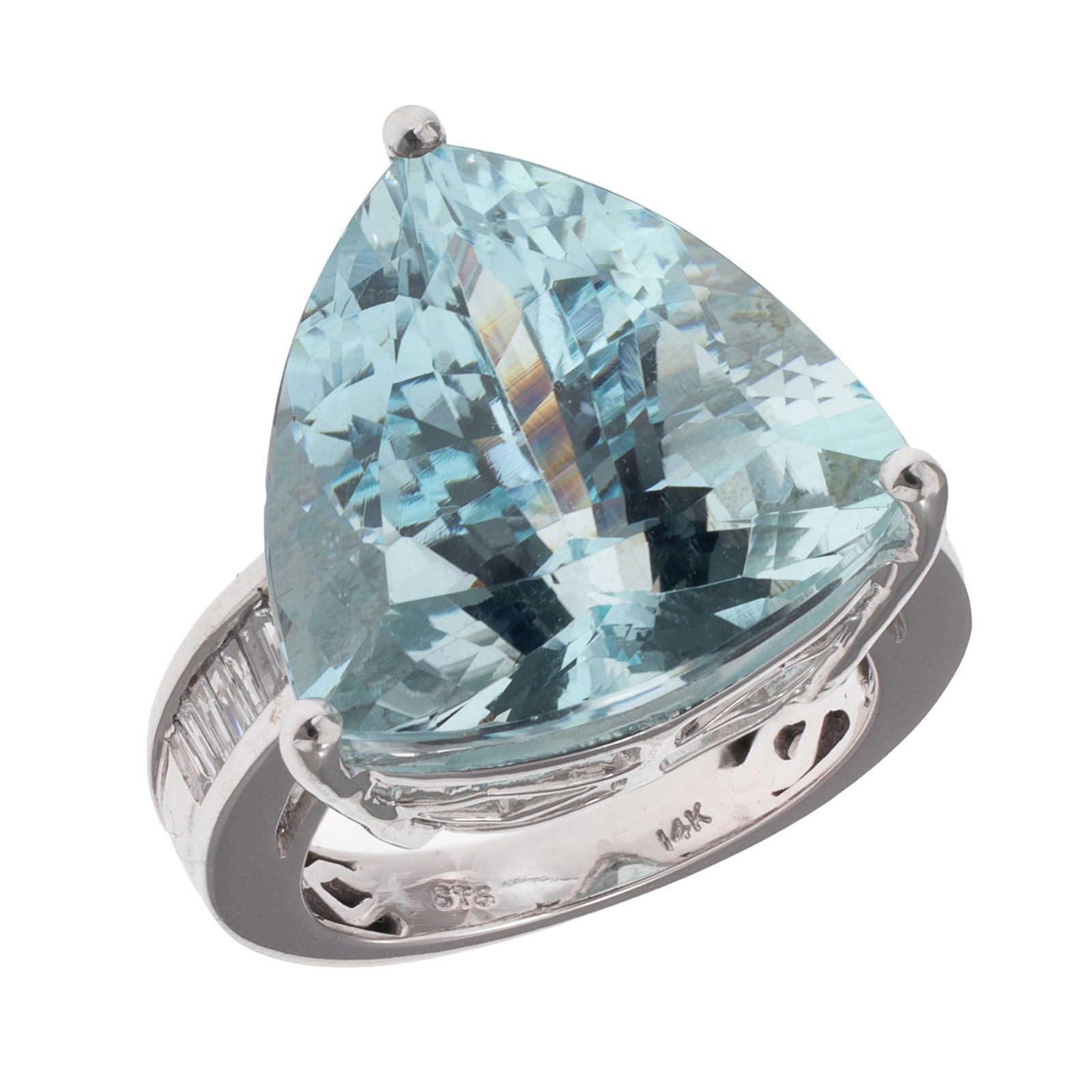 Aquamarine, Diamond, 14k White Gold Ring: Aquamarine, Diamond, 14k White Gold Ring Featuring a triangle-cut aquamarine weighing approximately 17.32 cts., accented by twelve baguette-cut diamonds weighing a total of approximately 0.25 cttw.,
