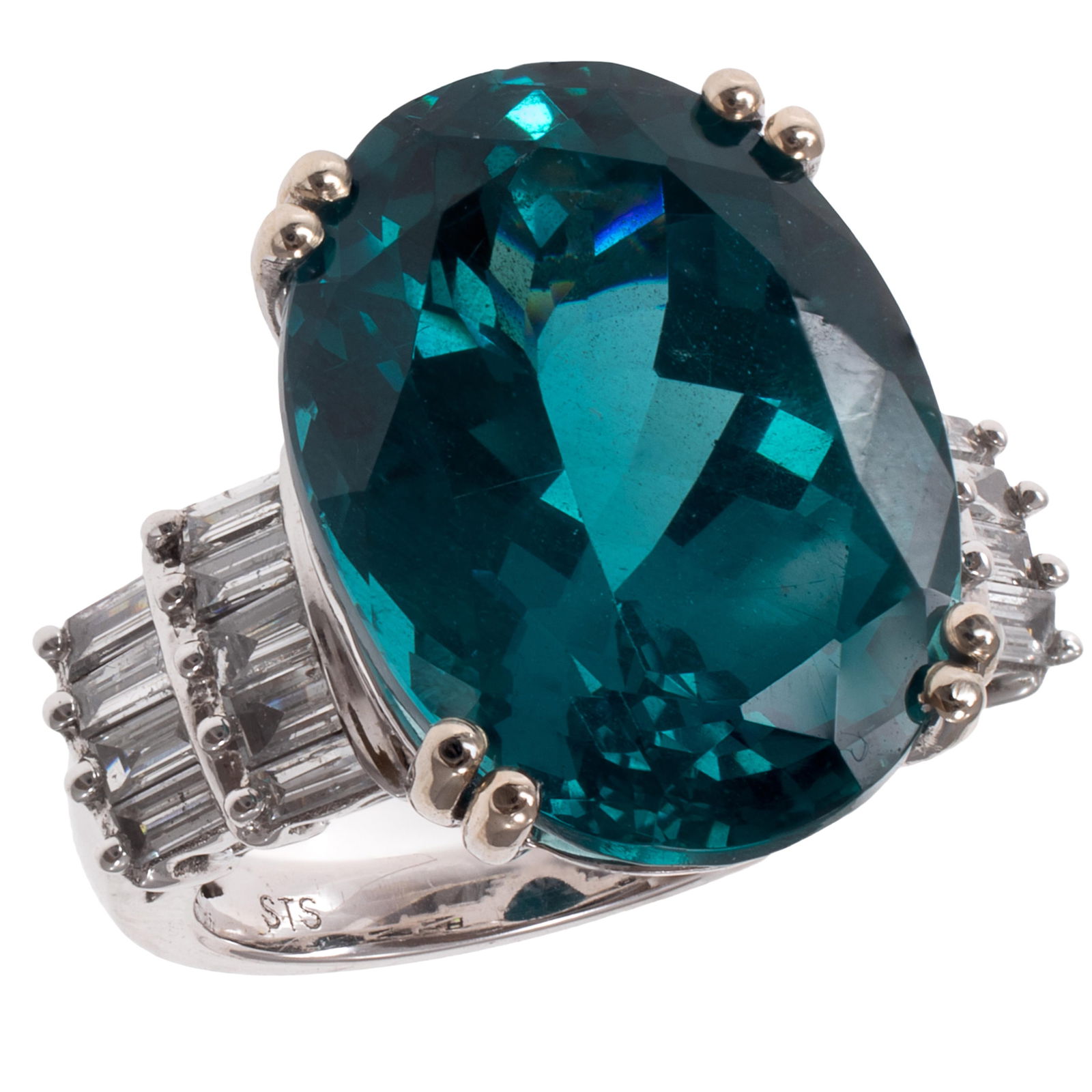 Blue Topaz, Diamond, 14k White Gold Ring: Blue Topaz, Diamond, 14k White Gold Ring Centering an oval-cut blue topaz weighing approximately 26.15 cts., accented by eighteen baguette-cut diamonds weighing a total of approximately 1.25 cttw.,