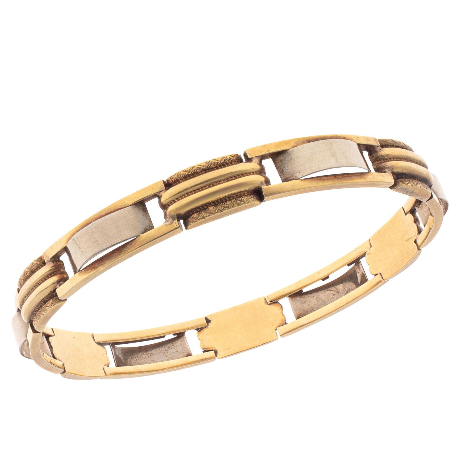 Retro 14k Yellow and White Gold Bracelet: Retro 14k Yellow and White Gold Bracelet The alternating 14k yellow and white gold panels measuring approximately 8.80 mm in width, fitting to an inner circumference of 8 inches. Gross weight: 13.9