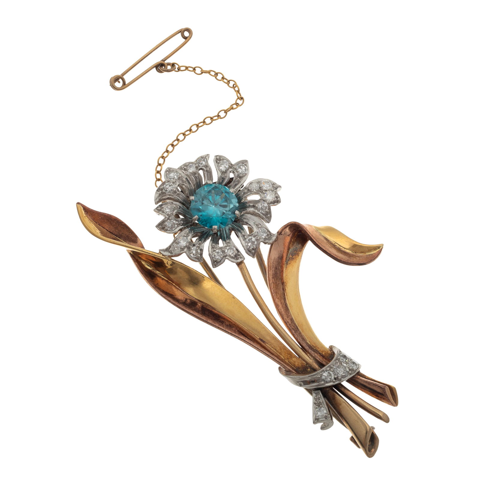 Retro Zircon, Diamond, 14k Rose, White and Yellow Gold Fur Clip: Retro Zircon, Diamond, 14k Rose, White and Yellow Gold Fur Clip Designed as a flower, centering a round-cut zircon weighing approximately 2.30 cts., accented by twenty-four single-cut diamonds