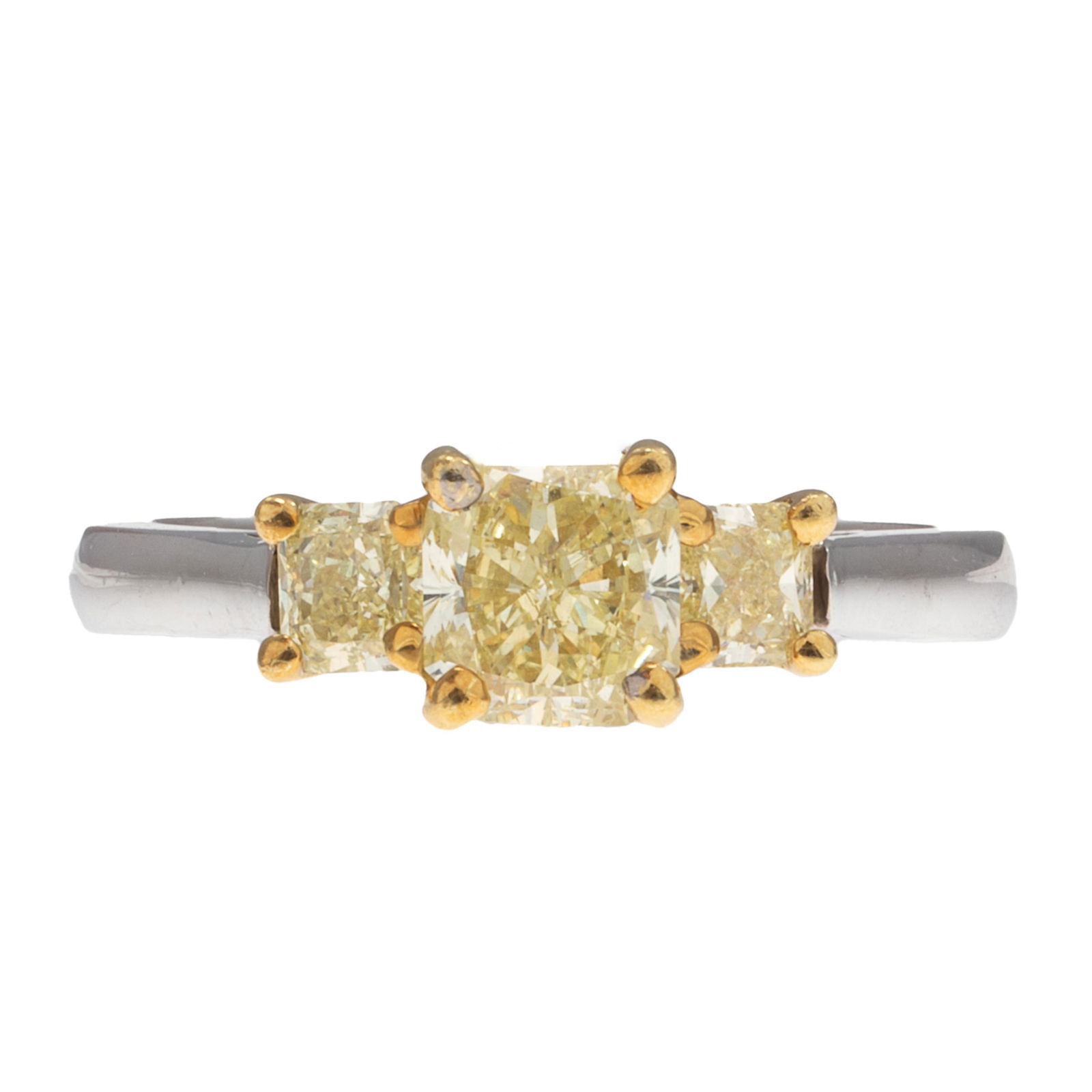 Colored Diamond, 18k White and Yellow Gold Ring: Colored Diamond, 18k White and Yellow Gold Ring Featuring three yellow princess-cut diamonds measuring approximately 5.61 x 5.24 mm, 3.47 x 3.31 mm, and 3.33 x 2.92 mm, set in an 18k yellow and white