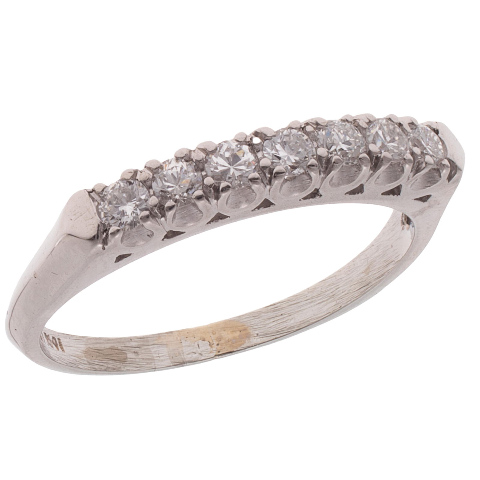 Diamond, Platinum Ring: Diamond, Platinum Ring Featuring seven round brilliant-cut diamonds weighing a total of approximately 0.35 cttw., set in a platinum anniversary style ring mounting, size 7. Gross weight: 4.1 grams.