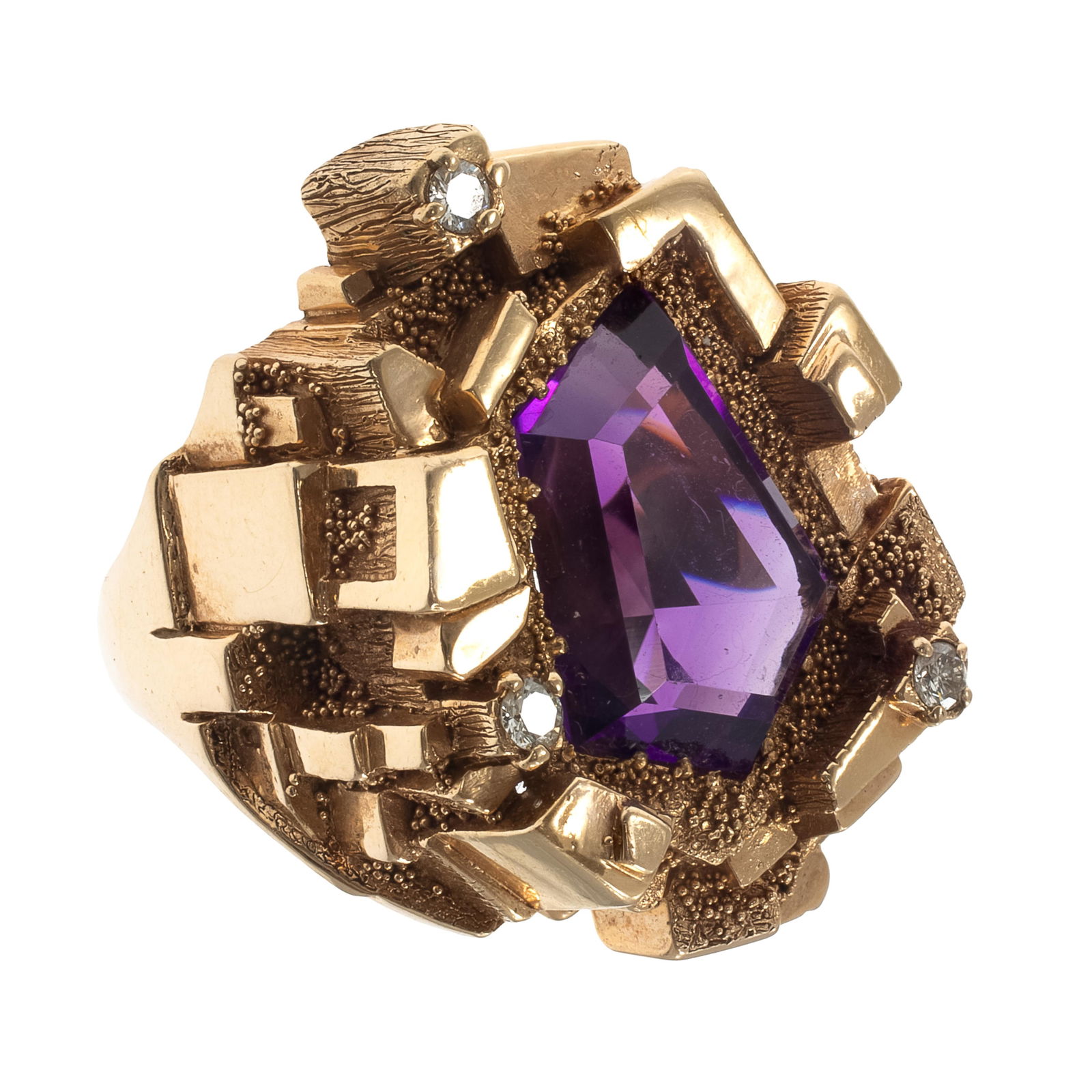 Modernist Amethyst, Diamond, 14k Yellow Gold Ring (1 of 5)