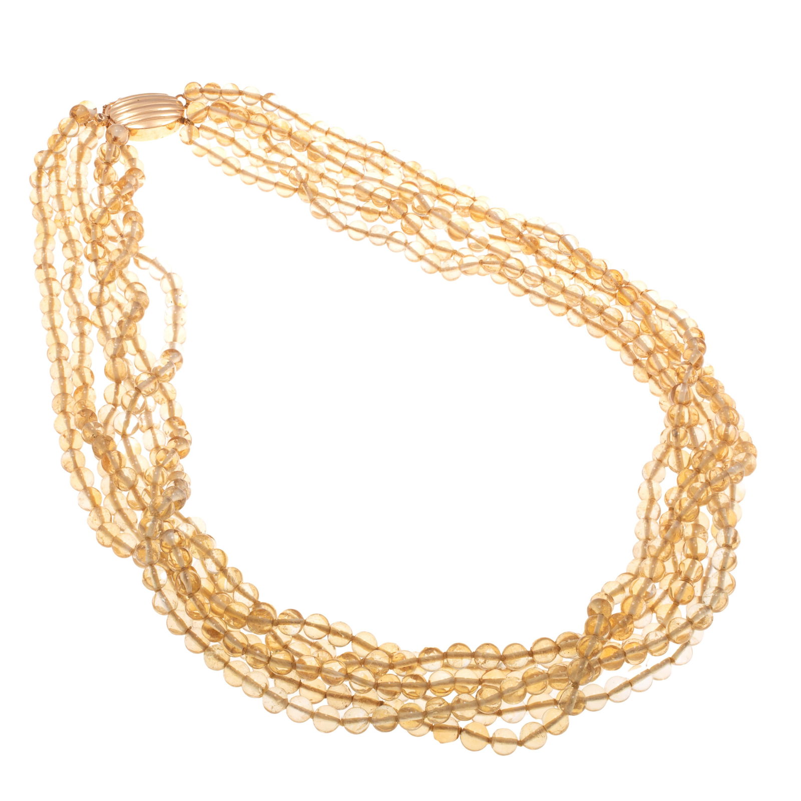 Citrine, 14k Yellow Gold Torsade Necklace, Gump's: Citrine, 14k Yellow Gold Torsade Necklace, Gump'sComposed of numerous round citrine beads, each measuring approximately 4.8 to 4.5 mm, completed by a 14k yellow gold tongue-and-groove clasp with figur