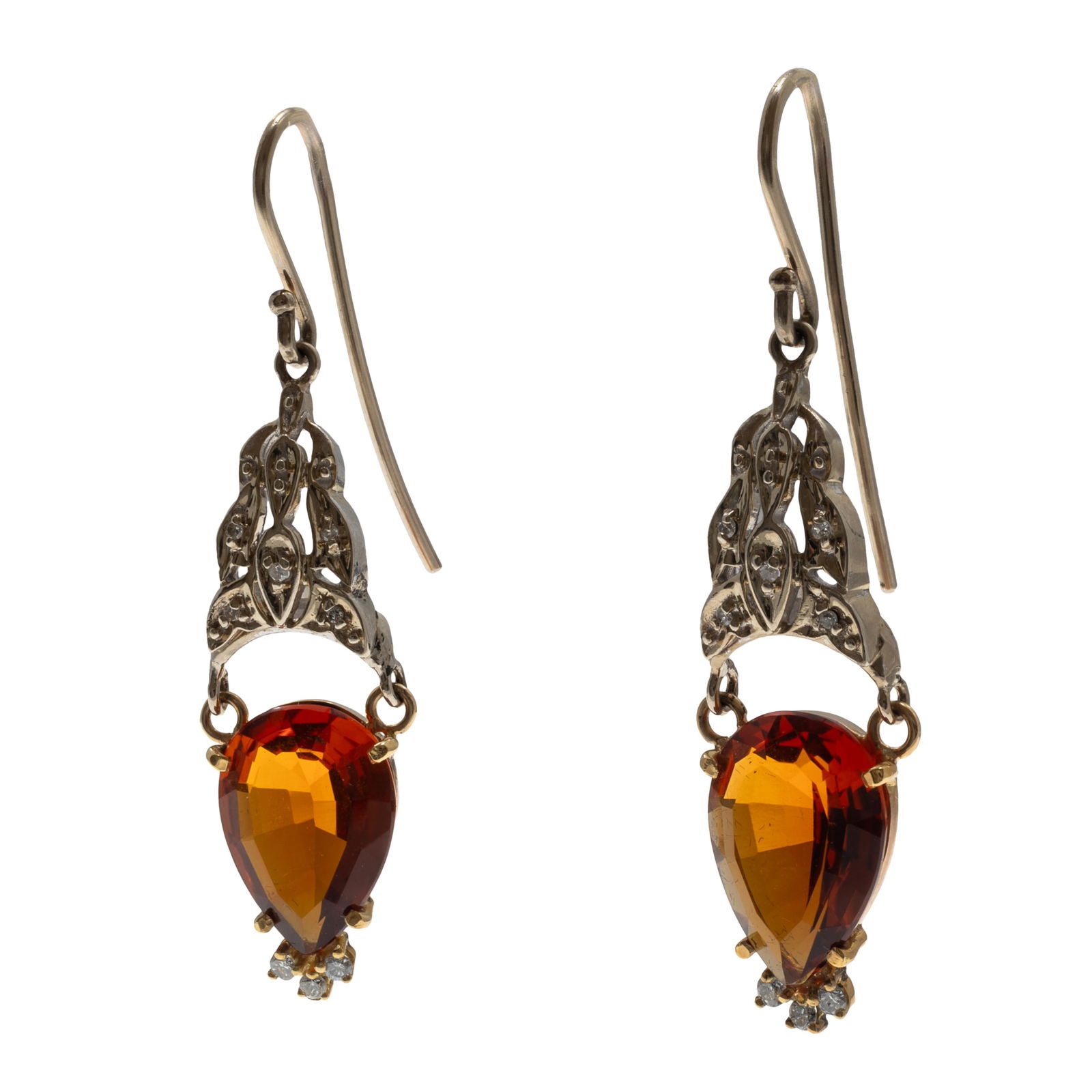 Pair of Citrine, Diamond, 14k Earrings: Pair of Citrine, Diamond, 14k EarringsEach featuring a pear-cut citrine weighing approximately 3.90 ct., accented by eight full and single-cut diamonds weighing a total of approximately 0.08 cttw., se