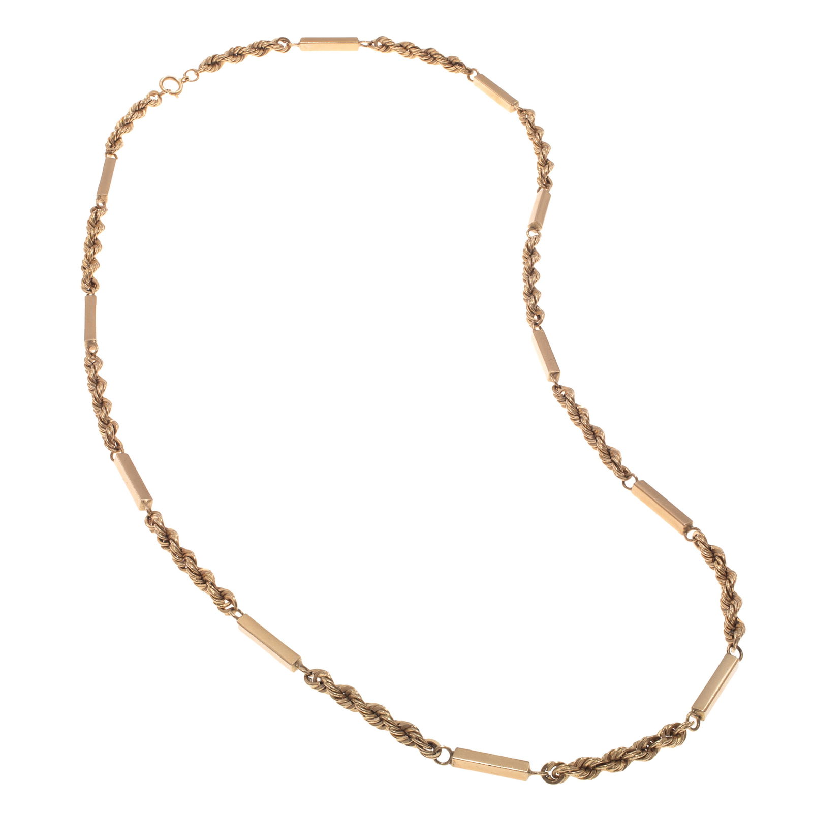 14k Yellow Gold Neck Chain: 14k Yellow Gold Neck ChainThe 14k yellow gold rope links interspaced by rectangular bars measuring approximately 3.0 mm in width, completed by a spring ring clasp forming a 24 1/4 inch necklace.Gross