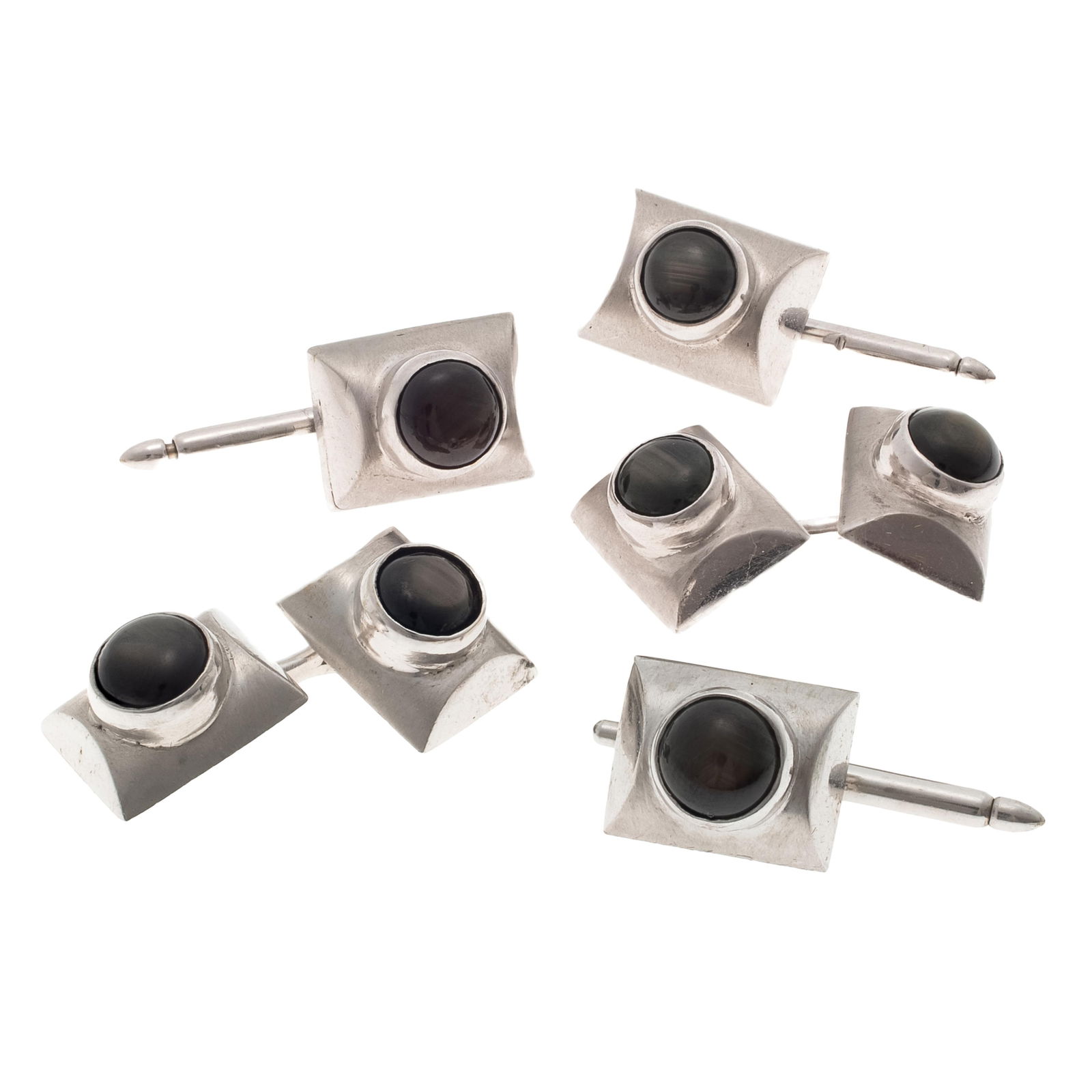 Gent's Star Sapphire, 14k White Gold Dress Set: Gent's Star Sapphire, 14k White Gold Dress SetEach featuring a round black star sapphire cabochon measuring approximately 5.50 mm, set in a 14k white gold mounting, including a pair of cufflinks and t