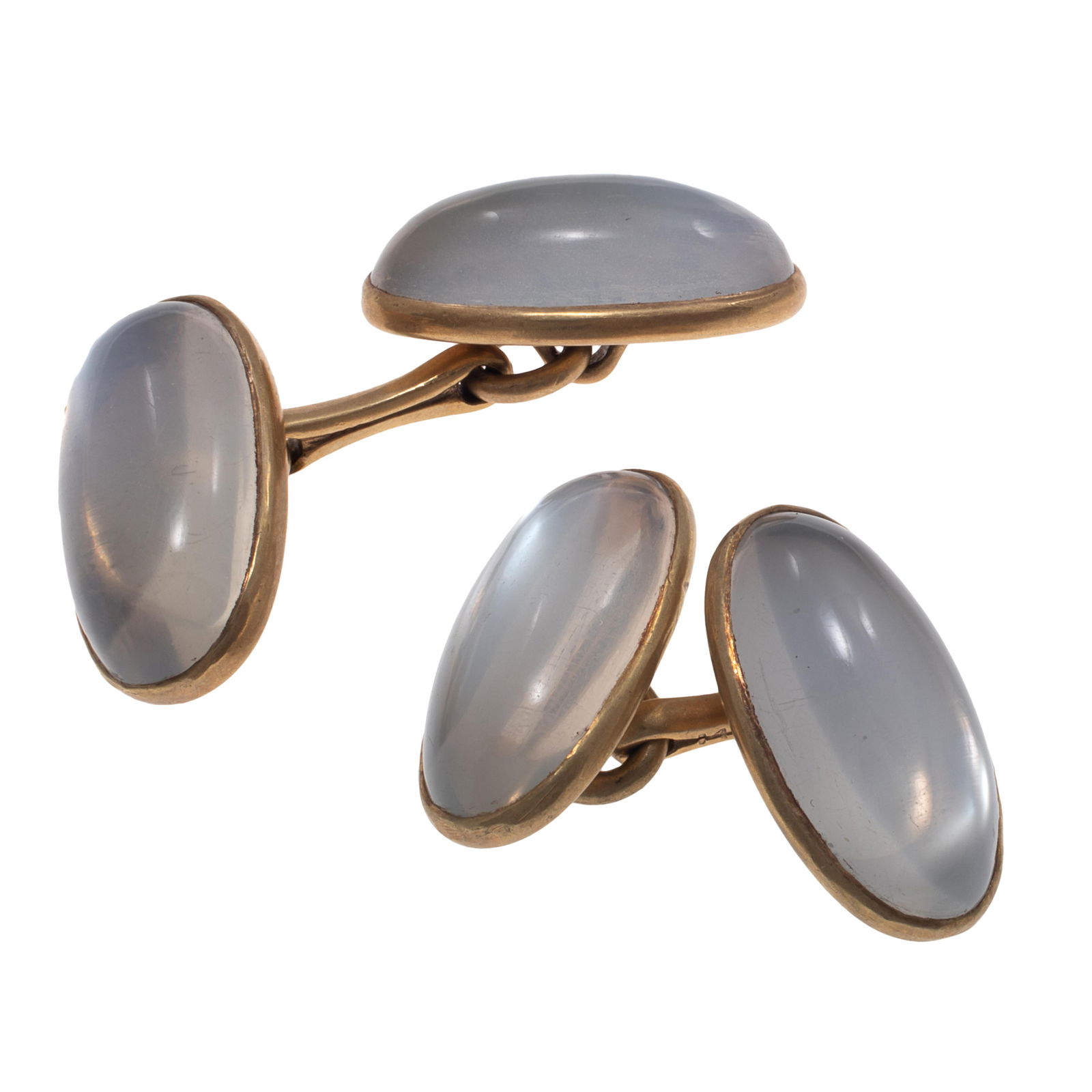 Pair of Moonstone, 14k Yellow Gold Cufflinks: Pair of Moonstone, 14k Yellow Gold Cufflinks Each featuring two oval moonstone cabochons, each stone measuring approximately 16.0 x 9.0 mm, set in a 14k yellow gold cufflink mounting. Gross weight: