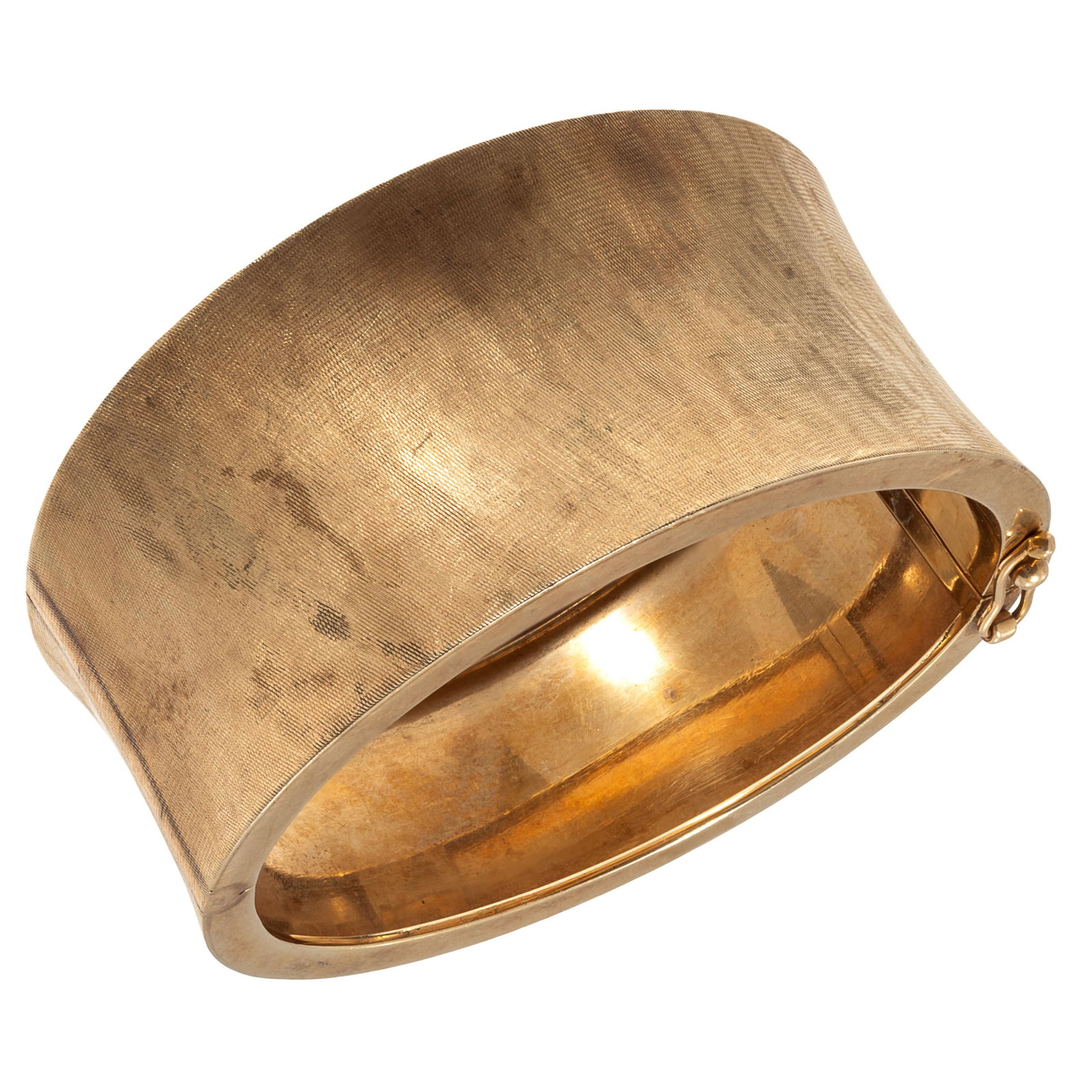 14k Yellow Gold Bangle Bracelet: 14k Yellow Gold Bangle BraceletThe 14k yellow gold Florentine-finish, hinged bracelet, measuring approximately 1.22 to 0.90 inches in width, completed by a tongue-and-groove clasp with figure-eight sa