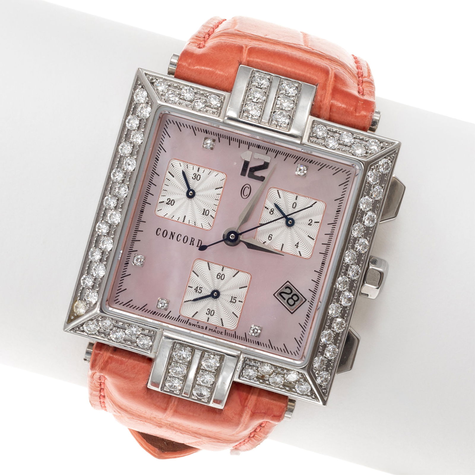 Concord 'La Scala' Diamond, Stainless Steel Chronograph Watch: Concord 'La Scala' Diamond, Stainless Steel Chronograph Watch DIAL: Square, mother-of-pearl, Arabic and applied diamond hour markers, black outer minutes track, silver-tone lance hands, subsidiary