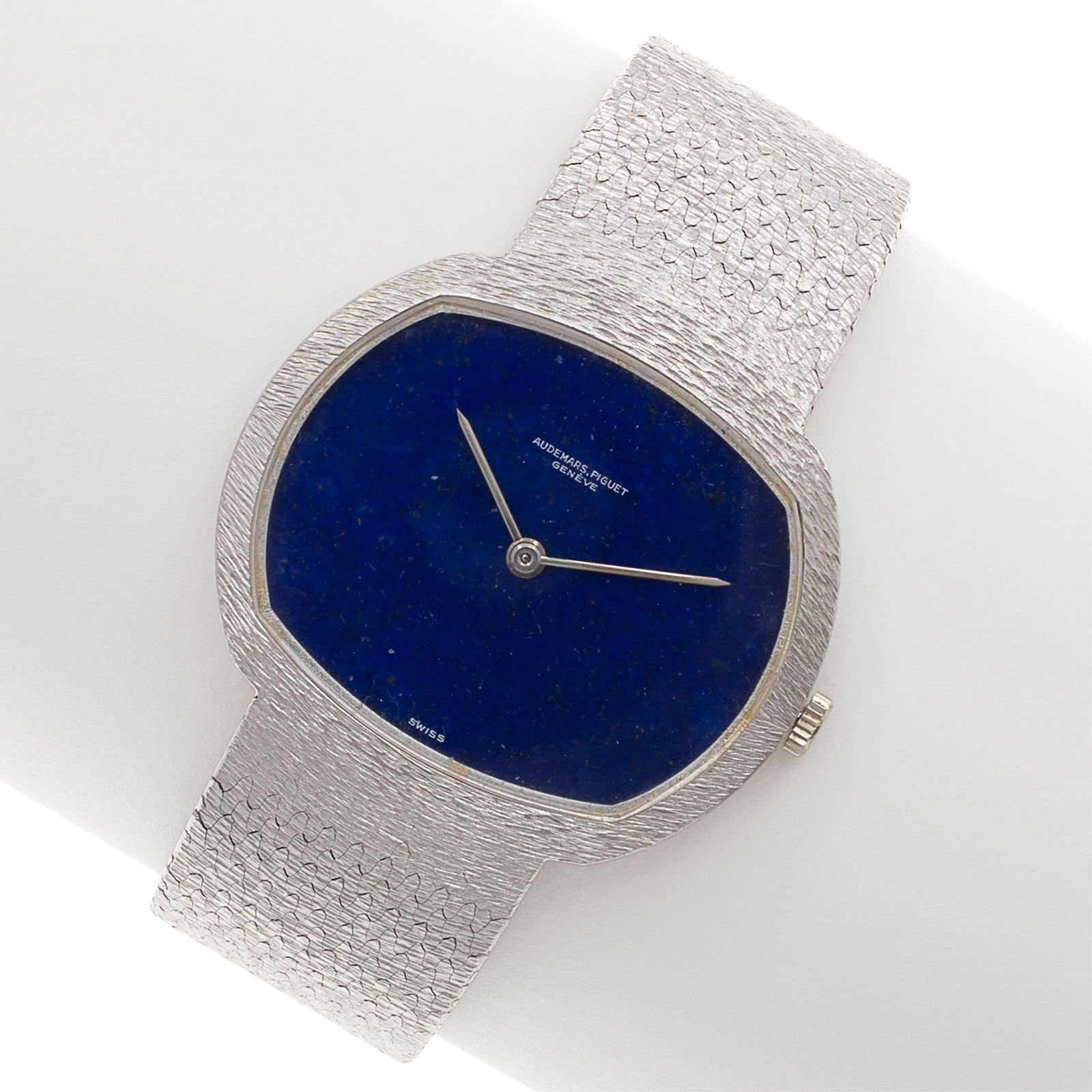 Audemars Piguet Lapis Lazuli, 18k White Gold Wristwatch, Ref 5393: Audemars Piguet Lapis Lazuli, 18k White Gold Wristwatch, Ref 5393DIAL: Cushion, lapis lazuli, baton hands, Audemars, Piguet, Geneve, Swiss.MOVEMENT: Manual wind (case not opened).CASE: Cushion, 18k wh