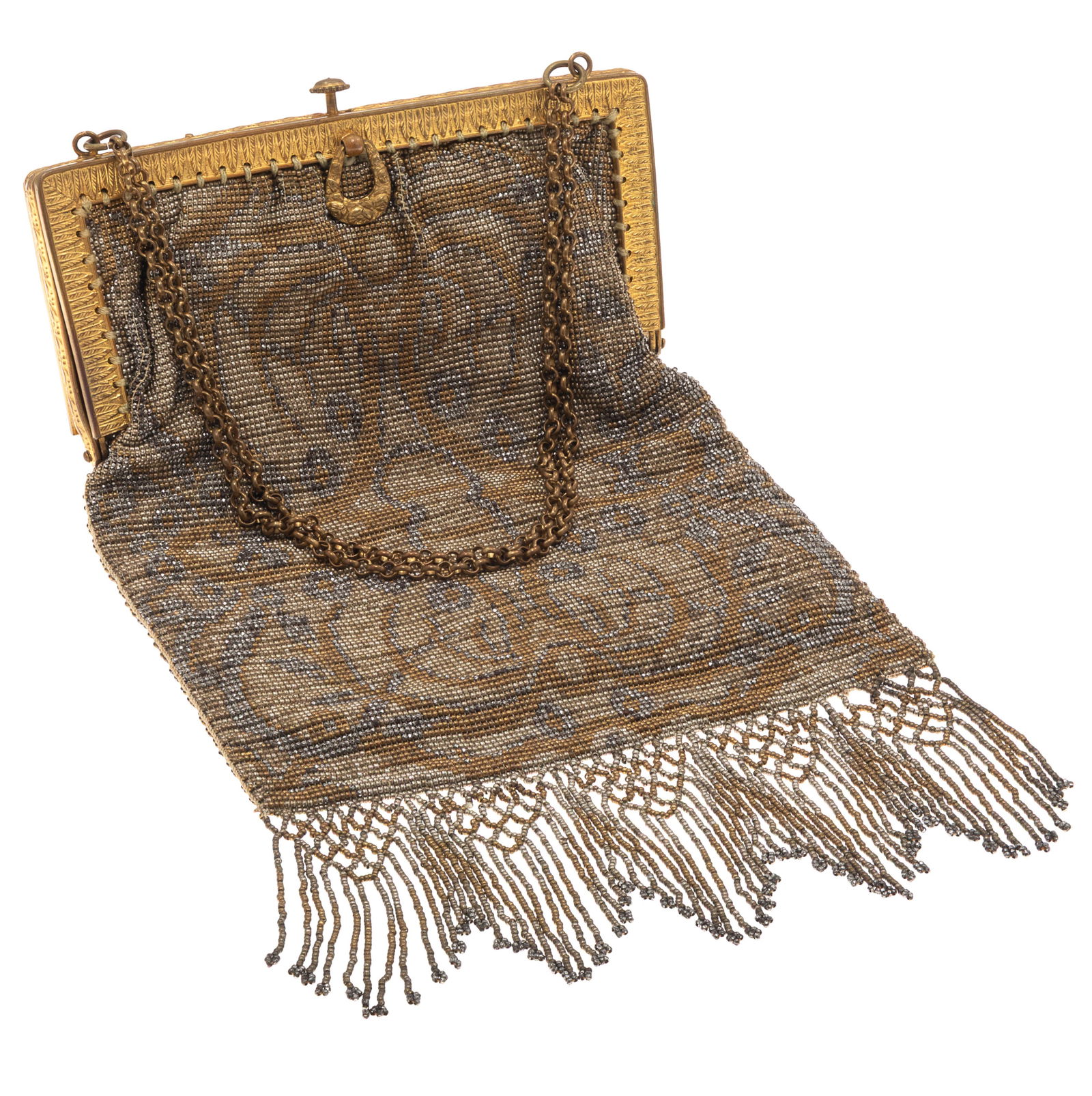 Beaded Silver and Gold Evening Bag: Beaded Silver and Gold Evening BagBeaded Silver and Gold Evening Bag with gold tone frame and chain