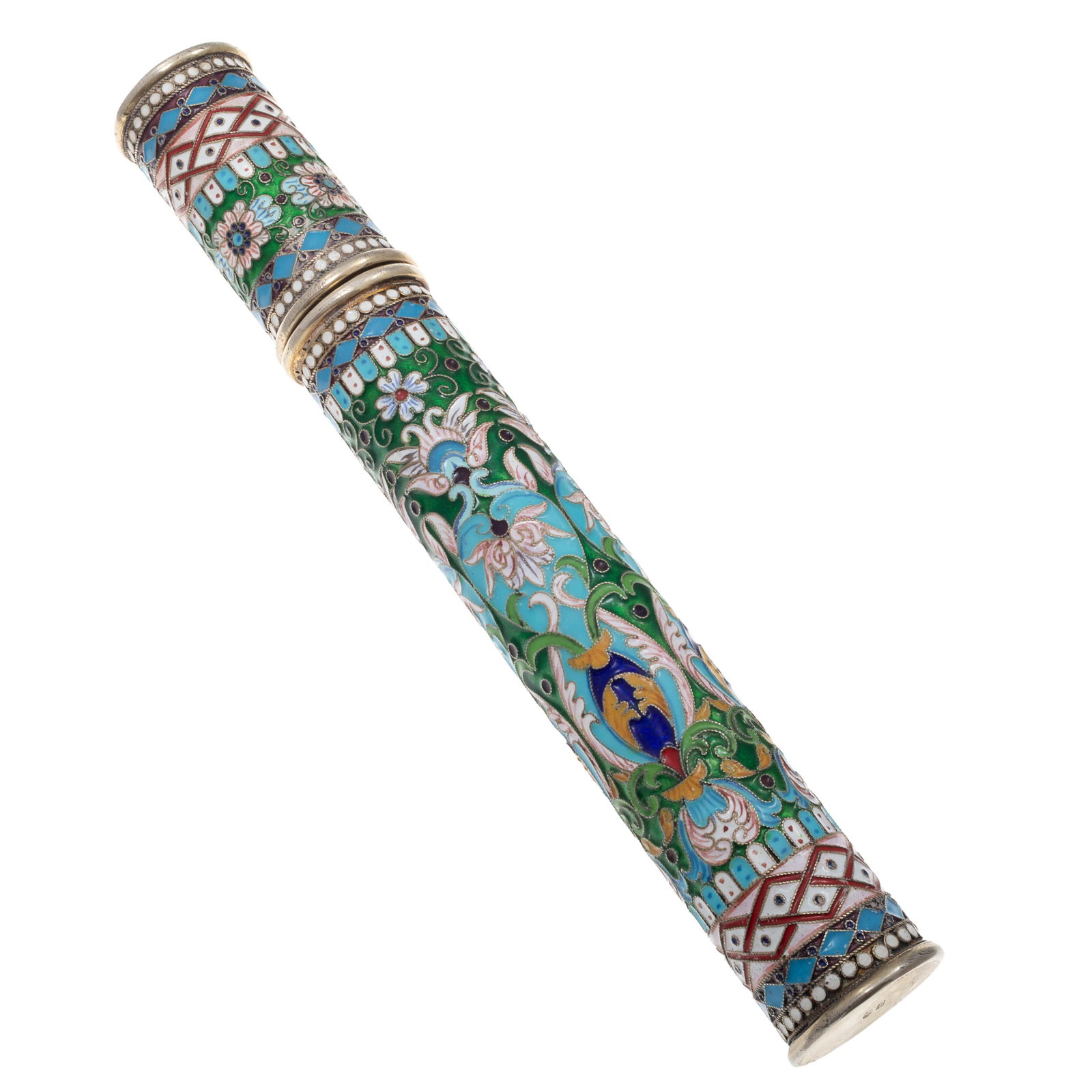 Imperial Russian Cloisonne Cigar Case, Feodor Rukert (1840-1917): Imperial Russian Cloisonne Cigar CaseFeodor Rukert (1840-1917)Imperial Russia, mark for Feodor Rukert. (1840-1917)The tube decorated with geometric banding and scrolling floral vines in the Art Nouvea