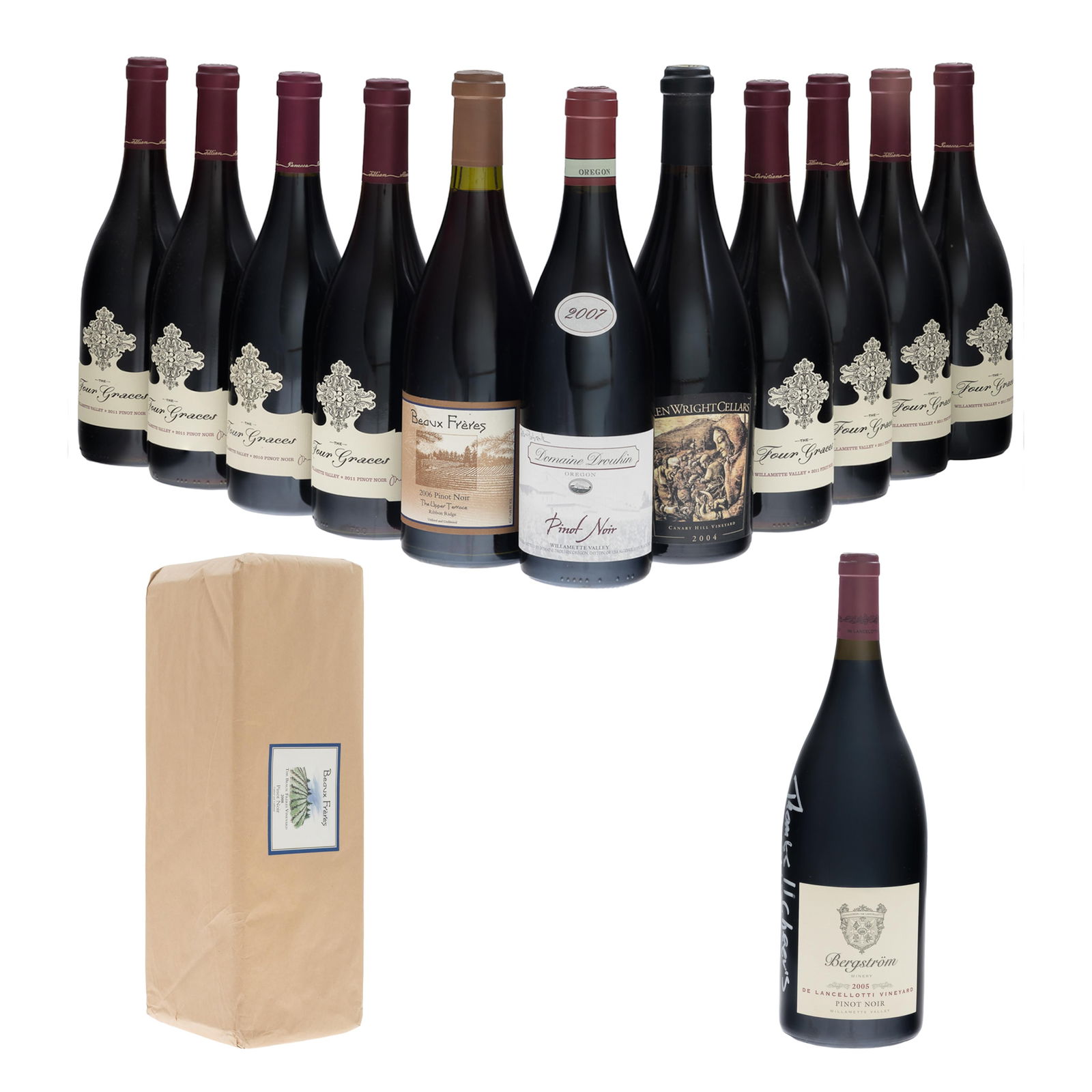 Group of Willamette Valley Pinot Noir: Group of Willamette Valley Pinot NoirWillamette Valley AVA13 bottles per lot including:1 - 2004 Ken Wright Cellars (75cl)1 - 2005 Bergstrom Magnum (150cl) handwriting on bottle1 - 2006 Beaux Freres (7