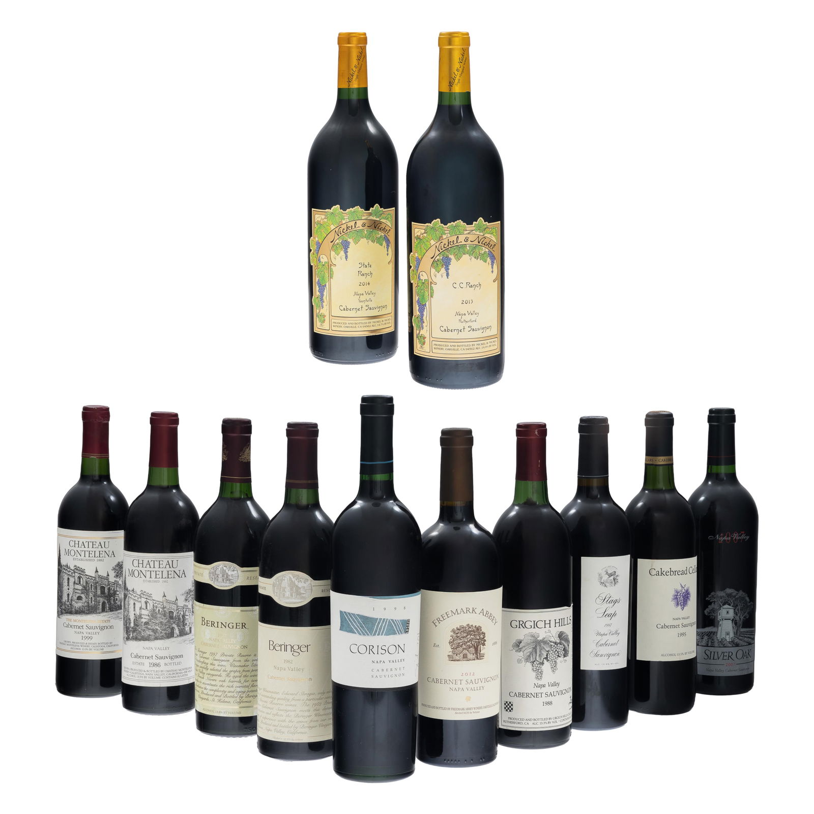 Collection of Cabernet Sauvignons: Collection of Cabernet Sauvignons12 bottles per lot including:1 - 1982 Beringer Napa Valley (75cl)1 - 1986 Chateau Montelena Napa Valley (75cl)1 - 1988 Grgich Hills Napa Valley (75cl)1 - 1995 Cakebrea
