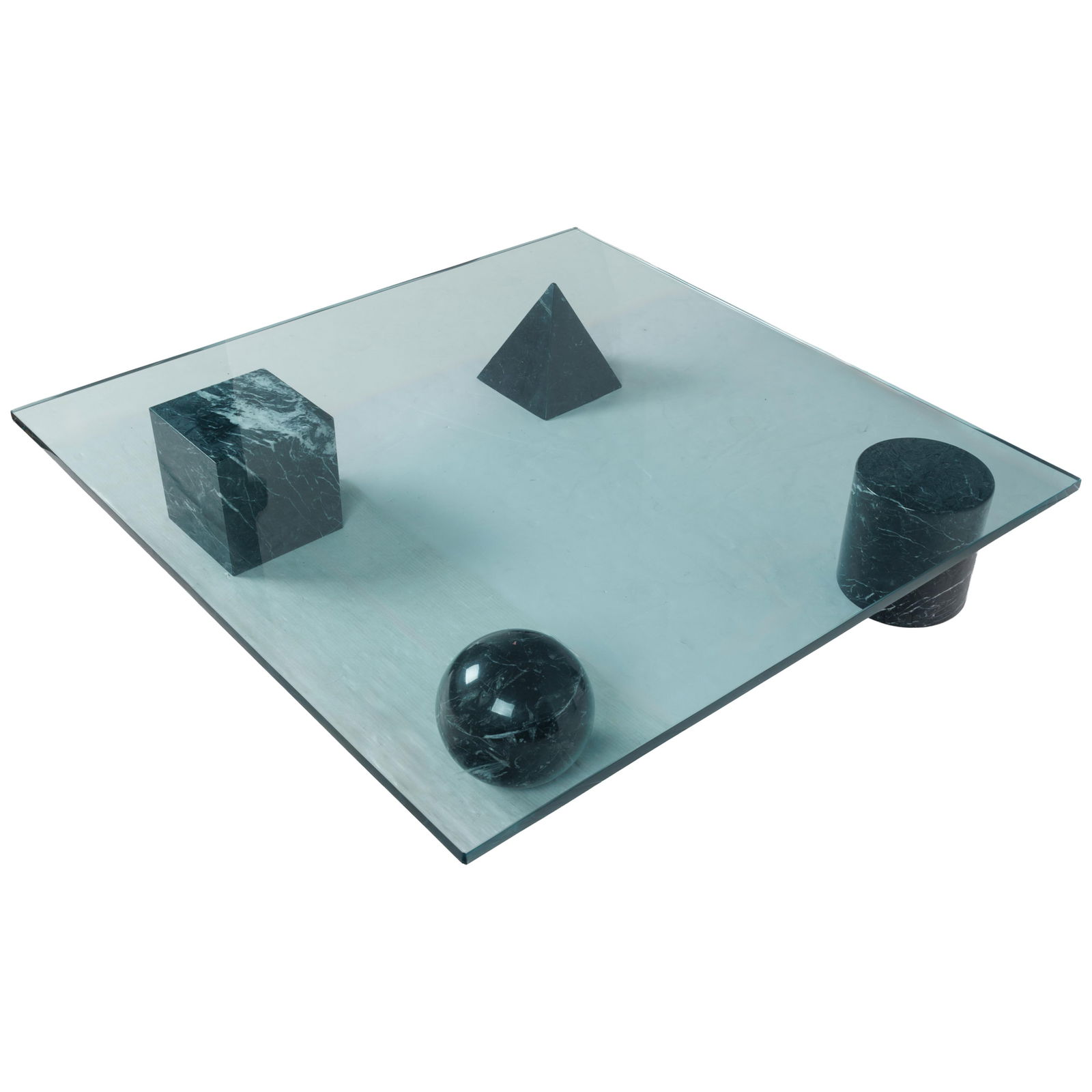 Metafora Coffee Table by Massimo & Lella Vignelli for Casigliani Italy.: Metafora Coffee Table by Massimo & Lella Vignelli for Casigliani Italy.Blue Italian Marble base.Condition: Triangular support is cracked and partially repaired and has a chip at base. Chip at one corn