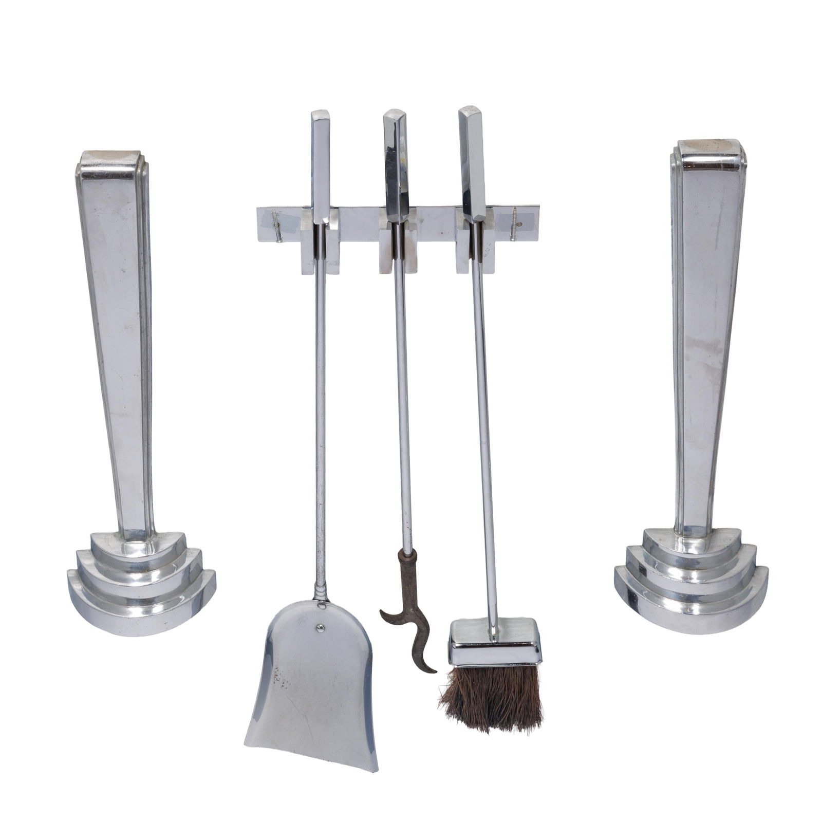 Donald Deskey Style Skyscraper Andirons with Chrome Fireplace Tools (1 of 6)