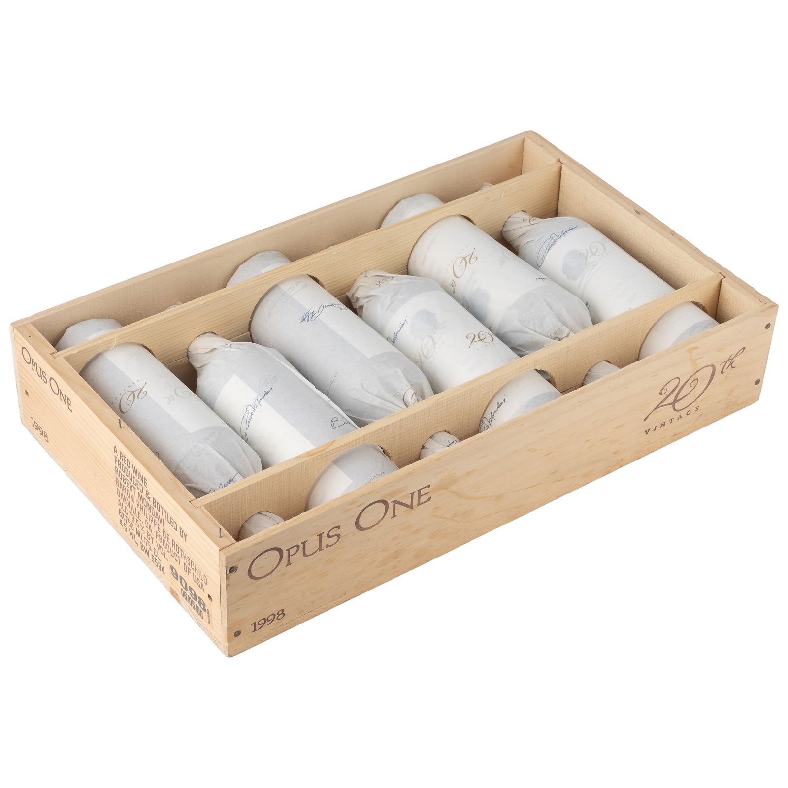 1998 Opus One 20th Vintage: 1998 Opus One 20th VintageNapa Valley, 20th Vintage Red Wine6 bottles (75cl) per lot (owc) including:Crate not sealed, in original packaging. Paper not stained. Not inspected outside of paperAll wine