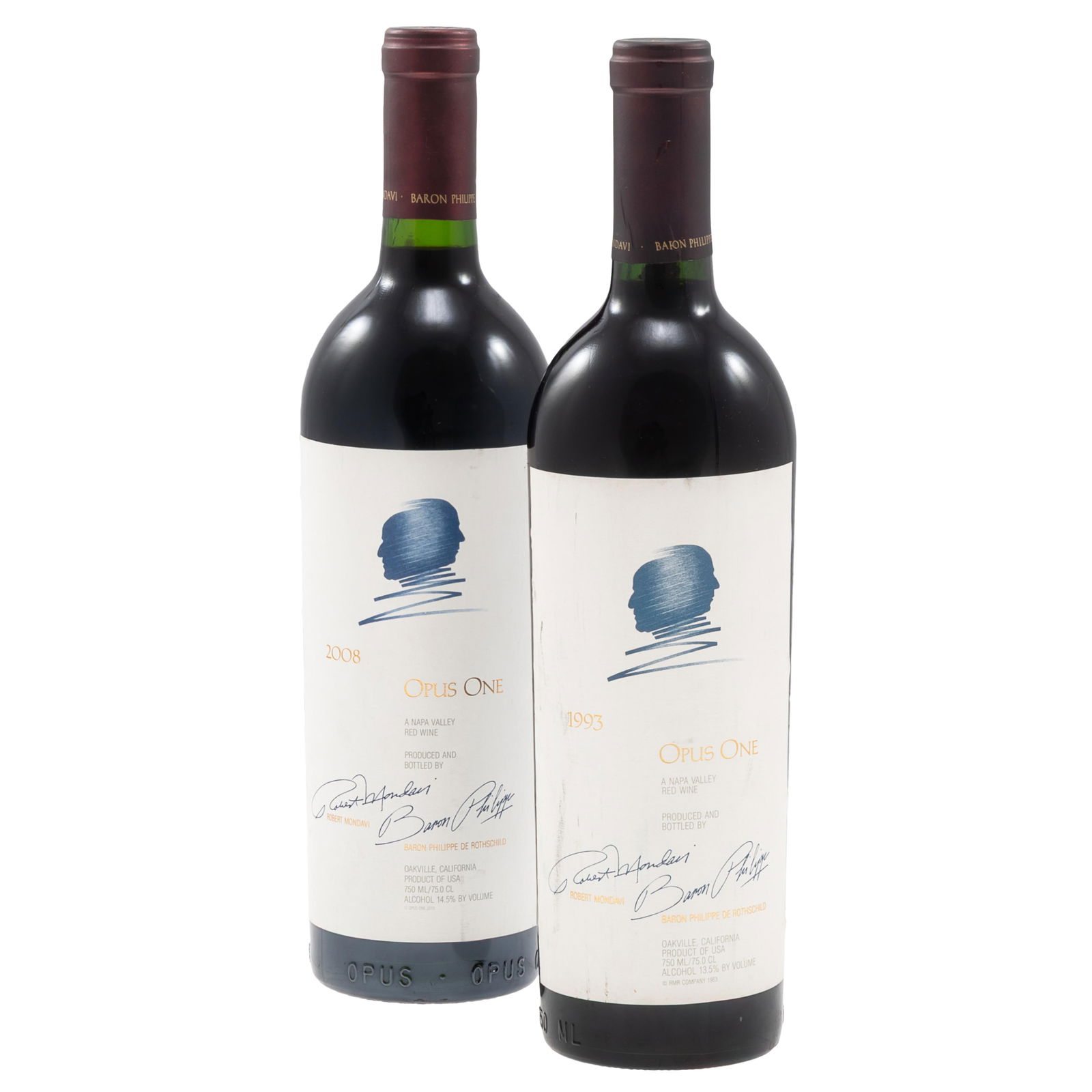 Opus One: Opus OneNapa Valley Red Wine2 bottles (75cl) per lot Including:19932008Condition: Ullage: One bottle bottom of neck. Label: Bin scuffing on one.All wine is sold 'as-is,' with no guarantees