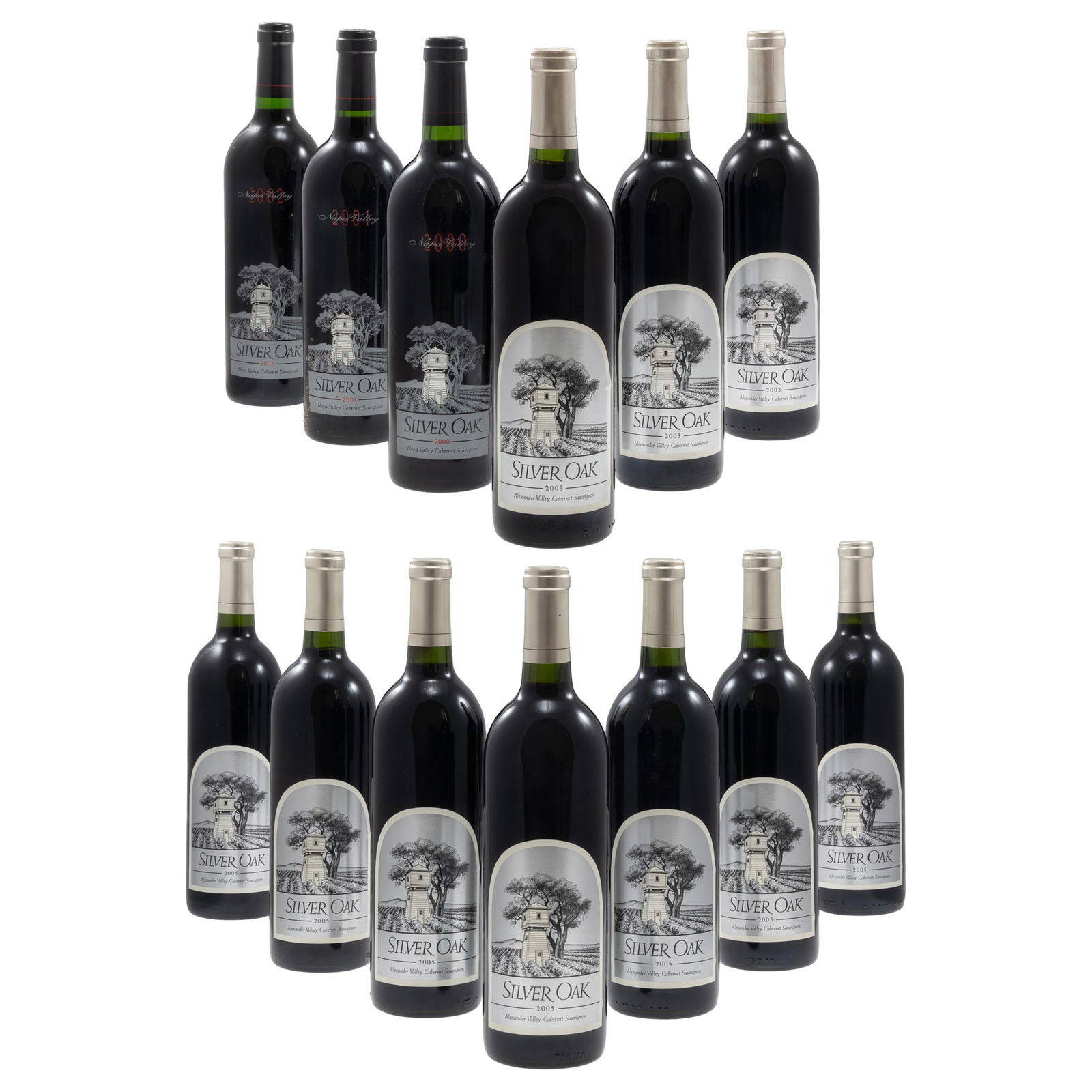 Collection of Silver Oak Cellars Cabernet Sauvignon: Collection of Silver Oak Cellars Cabernet Sauvignon 13 bottles (75cl) per lot including: 1 - 2000 Napa Valley 1 - 2001 Napa Valley 1 - 2002 Napa Valley 3 - 2003 Alexander Valley 7 - 2005 Alexander
