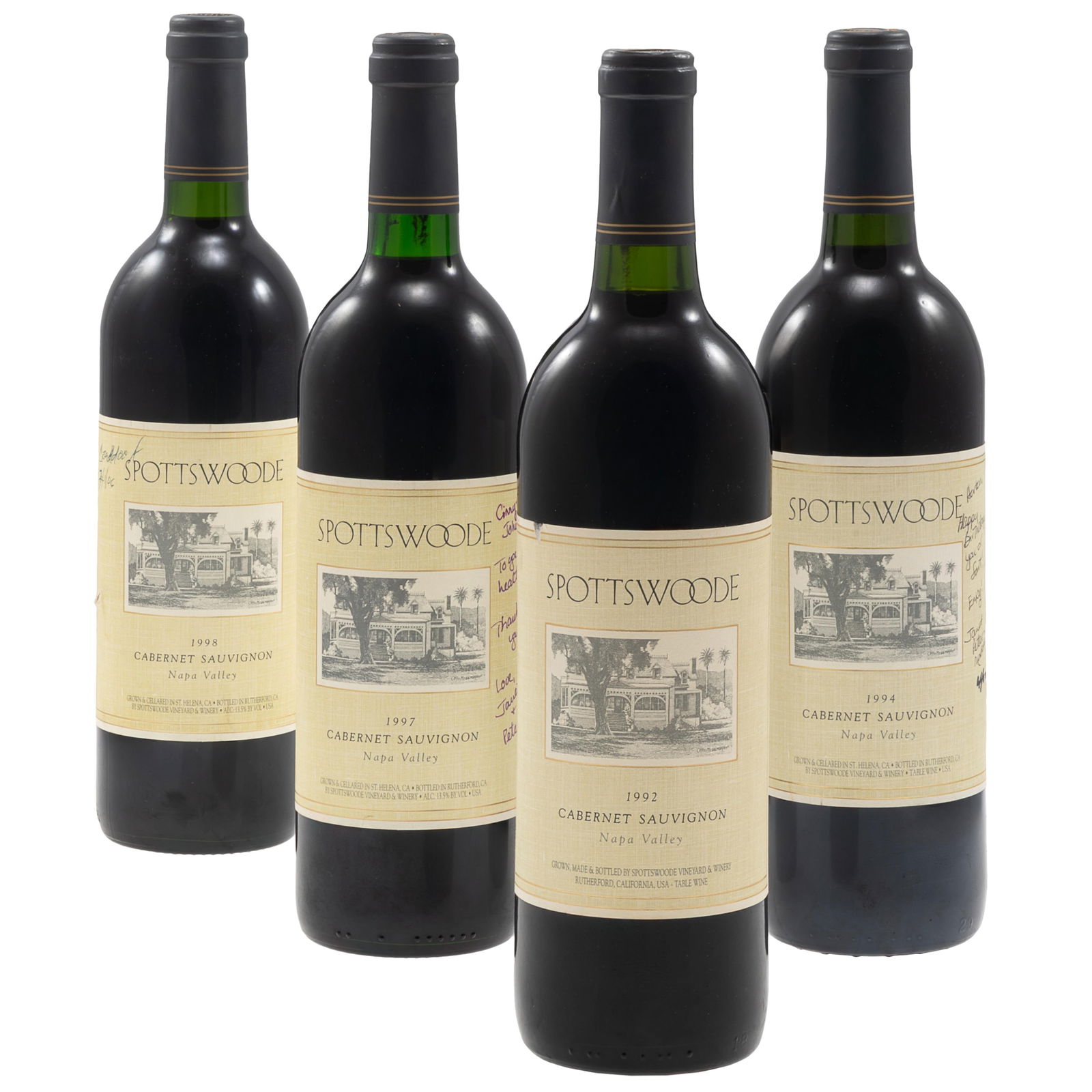 Collection of Spottswoode Family Estate Grown Cabernet Sauvignon: Collection of Spottswoode Family Estate Grown Cabernet Sauvignon St. Helena, Napa Valley 4 bottles (75cl) per lot Including: 1 - 1992 1 - 1994 1 - 1997 1 - 1998 Condition: Ullage: Bottom of neck