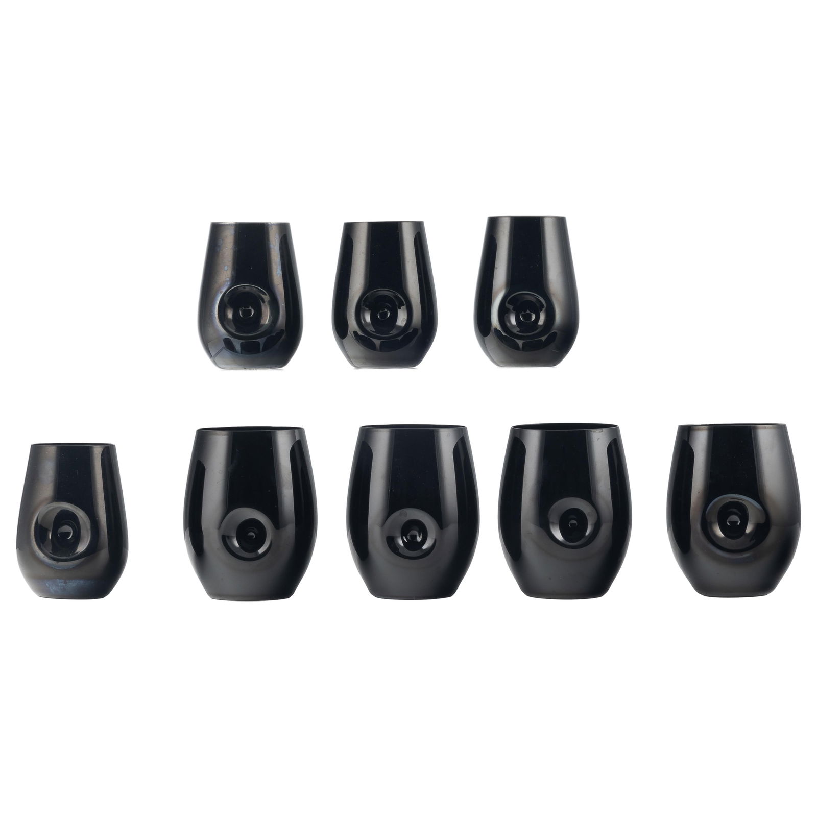 Set of Reidel Wine Glasses: Set of Reidel Wine Glasses Eight black glass tumblers with bullseye thumb rest. Signed on base. Four 4 1/4in, four 5in. (11cm & 13cm) Condition: Very good, no chips or cracks