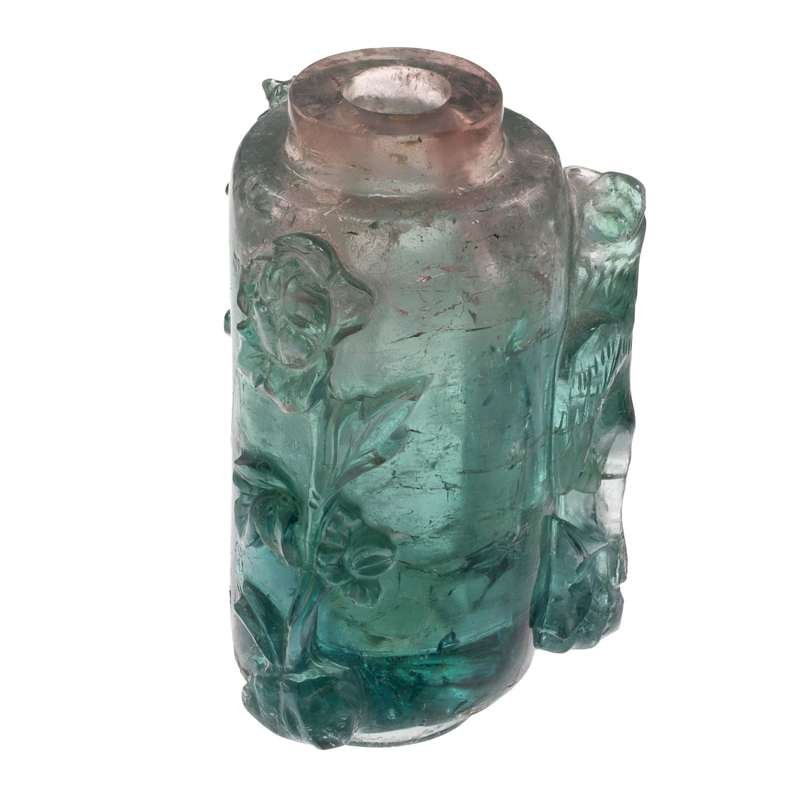 Carved Bi-Color Tourmaline Snuff Bottle: Carved Bi-Color Tourmaline Snuff Bottle Carved with figures and flowers 1 1/2in (4cm))