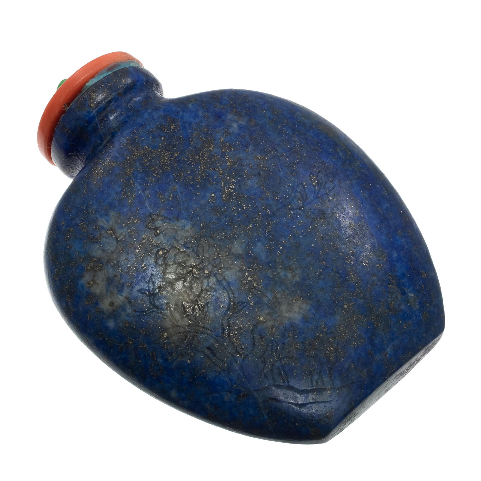 Lapis Lazuli Carved Snuff Bottle: Lapis Lazuli Carved Snuff Bottle Carved with an imperial poem and floral vines. 2 1/2in (6cm)