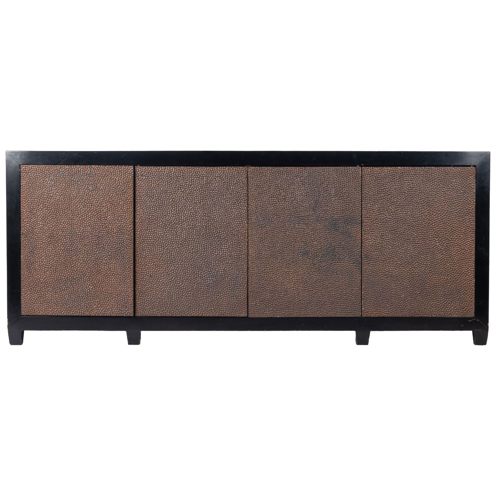 Robert Kuo Design Credenza: Robert Kuo Design CredenzaOf lacquered hardwood and hammered copper.34in (86cm) h. 86in (218cm) l. 22in (56cm) d.Condition: Staining and lifting to copper panels, loss at edges overall'Robert Kuo is t
