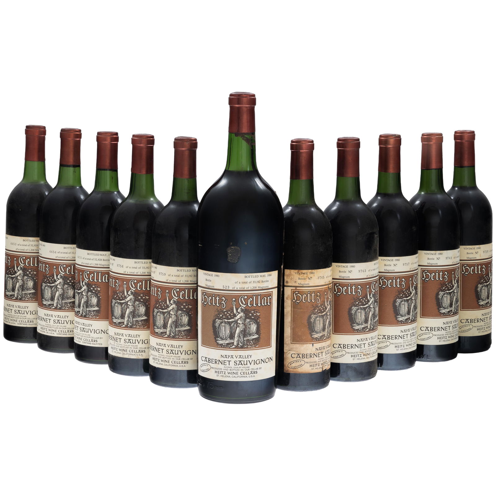 Collection of 1980's Heitz Cellars Martha's Vineyard Cabernet Sauvignon: Collection of 1980's Heitz Cellars Martha's Vineyard Cabernet Sauvignon Napa Valley 11 bottles per lot including: 7 - 1980 (75cl) 3 - 1983 (75cl) 1 - 1980 Magnum (150cl) Condition: Ullage: all