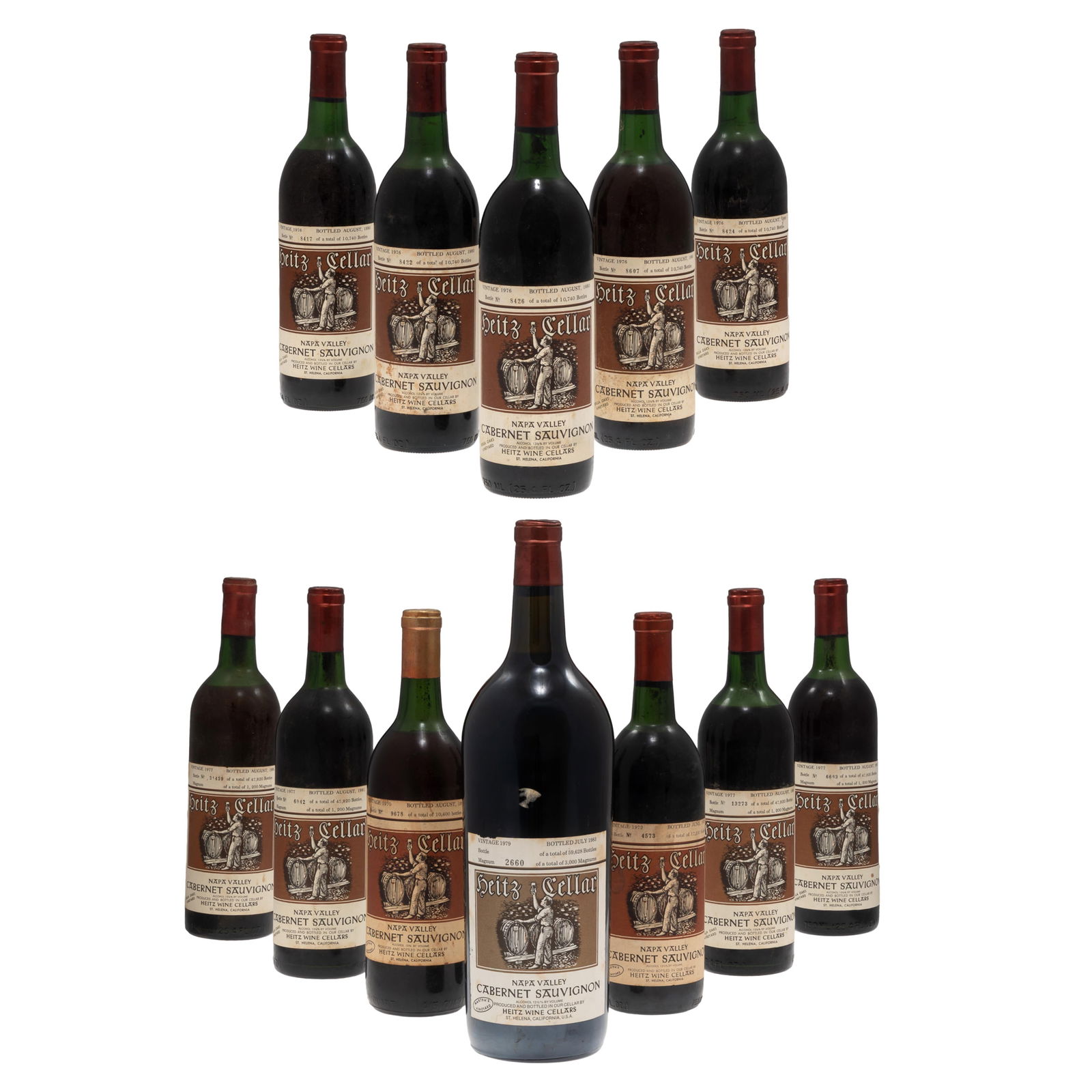 Collection of 1970's Heitz Cellar Martha's Vineyard Cabernet Sauvignon: Collection of 1970's Heitz Cellar Martha's Vineyard Cabernet SauvignonNapa Valley12 bottles per lot including:1 - 1970 (75cl) No 9678 u: top of shoulder, label discolored and stained, capsule slightly