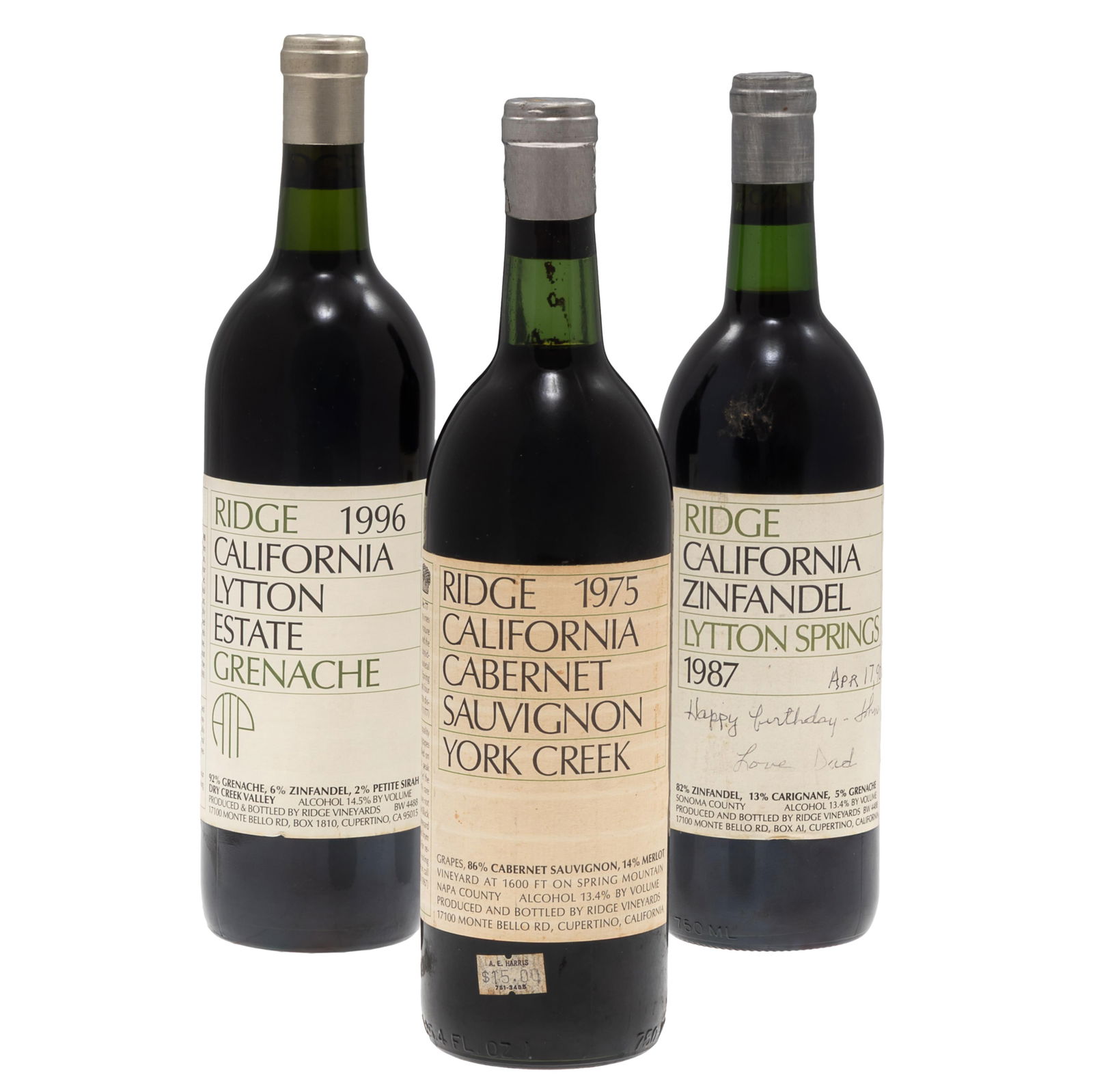 Selection of Ridge Vineyards: Selection of Ridge Vineyards3 bottles (75cl) including:1 - 1975 Cabernet Sauvignon York Creek .1 - 1987 Zinfandel Lytton Springs1 - 1996 Grenache Lytton EstateCondition: Ullage: bottom of or within ne