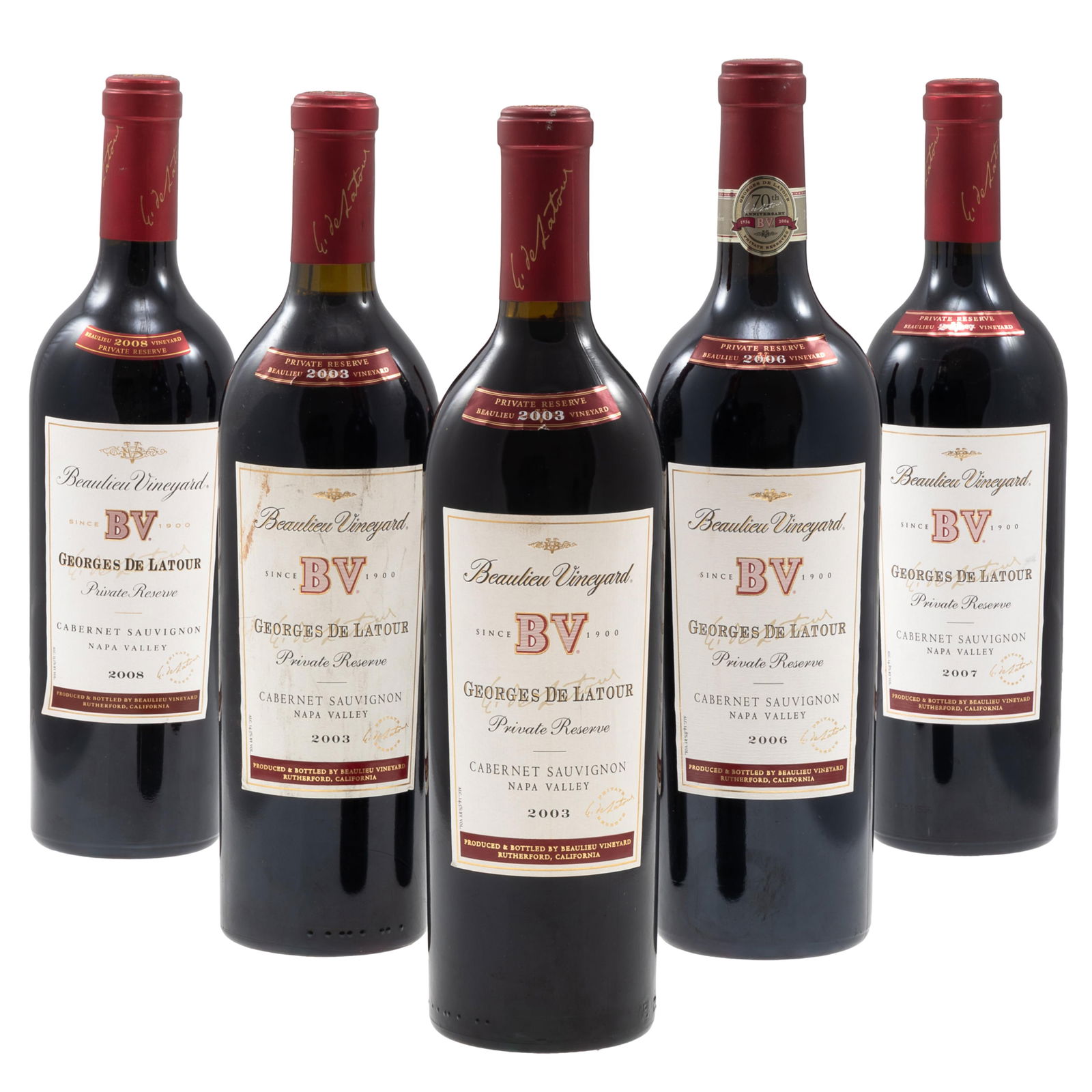 Collection of Beaulieu Vineyard BV Georges de Latour Private Reserve Cabernet Sauvignon: Collection of Beaulieu Vineyard BV Georges de Latour Private Reserve Cabernet SauvignonNapa Valley5 bottles (75cl) per lot Including:2 - 20031 - 20061 - 20071 - 2008Condition: Labels: Mino
