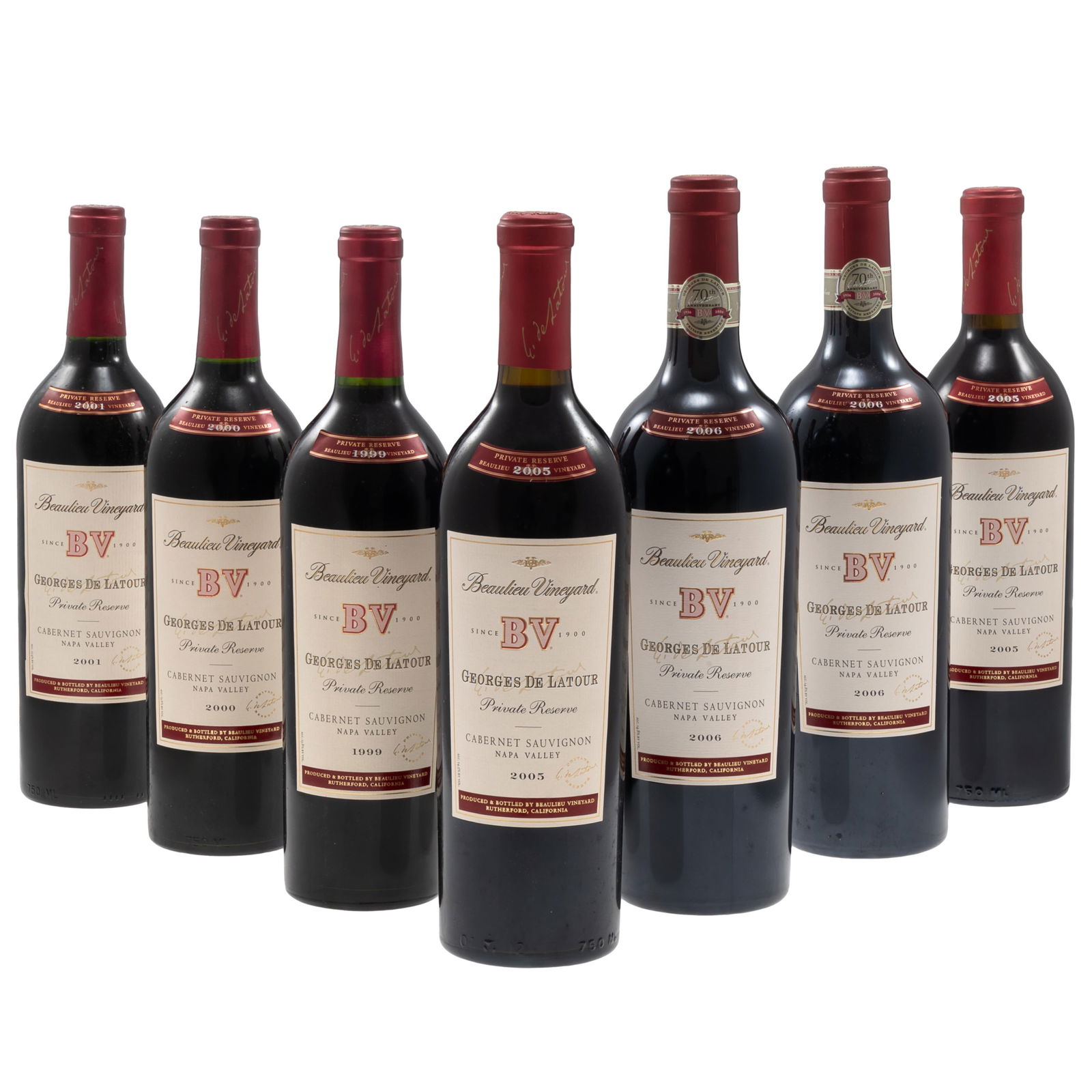 Beaulieu Vineyard BV Georges de Latour Private Reserve Cabernet Sauvignon: Beaulieu Vineyard BV Georges de Latour Private Reserve Cabernet SauvignonNapa Valley7 bottles (75cl) per lot including:1 - 19991 - 20001 - 20012 - 20052 - 2006Condition: Ullage: lowe