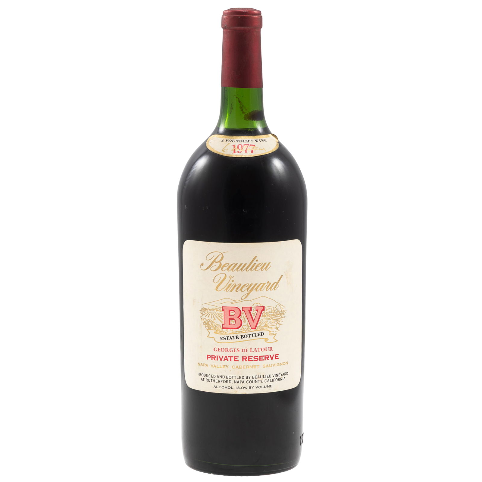 1977 Beaulieu Vineyard BV Georges de Latour Private Reserve Cabernet Sauvignon Magnum: 1977 Beaulieu Vineyard BV Georges de Latour Private Reserve Cabernet Sauvignon MagnumNapa Valley1 bottle Magnum (150cl)Condition: Ullage top of shoulder. Capsule: slight bulge but no evidence of seepa