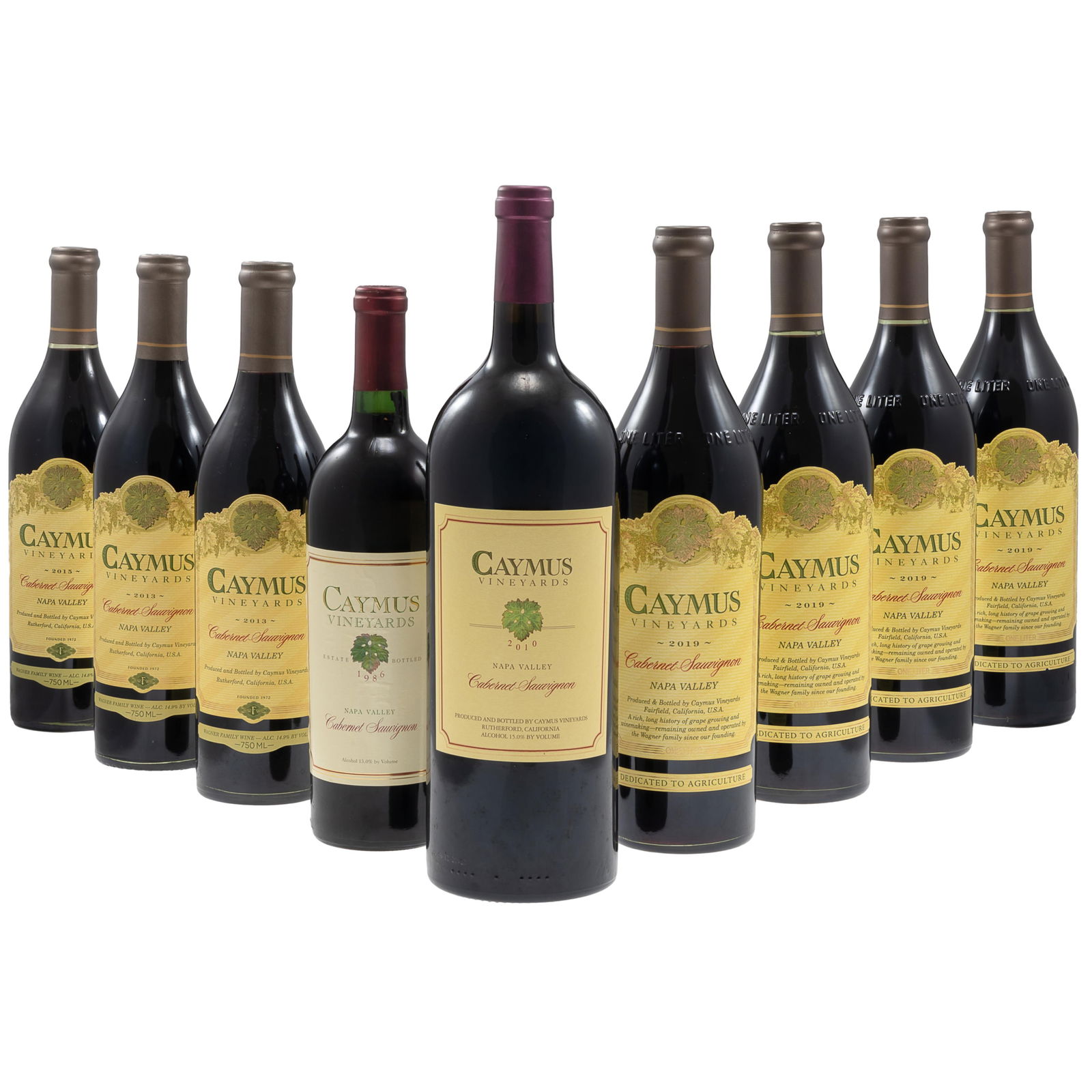 Caymus Vineyards Cabernet Sauvignon: Caymus Vineyards Cabernet SauvignonNapa Valley9 bottles per lot including:1 - 1986 (75cl)1 - 2010 Magnum (150cl)2 - 2013 (75cl)1 - 2015 (75cl)4 - 2019 (100cl)Condition: minor wrinkl