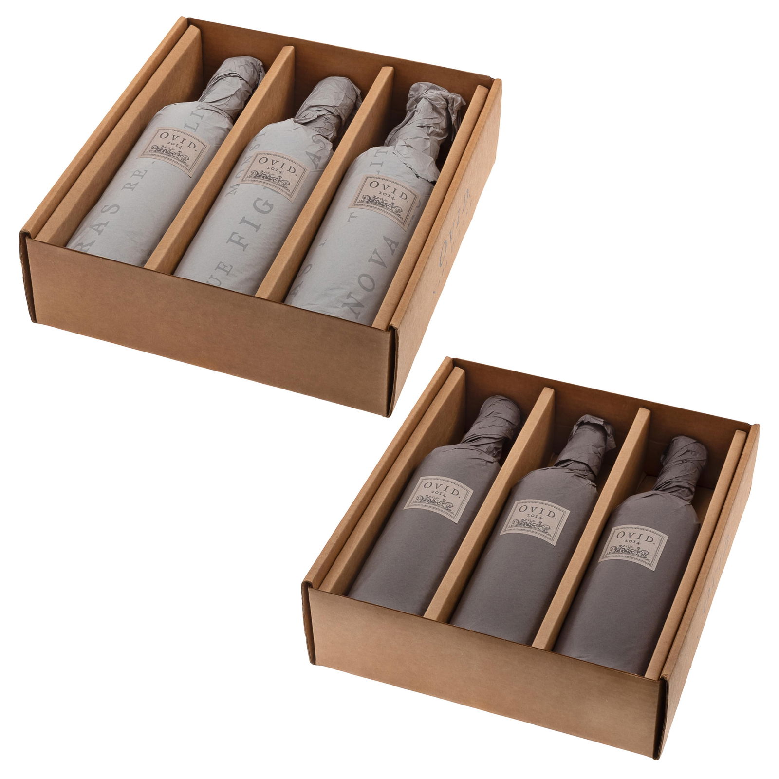 2 Boxed sets, 2014 Ovid Hexameter: 2 Boxed sets 2014 Ovid Hexameter Napa Valley Red Wine 6 bottles (75cl.) per lot. 2 boxed sets, 3 bottles each. Original packaging Bottles not inspected outside of paper. No seepage noted on
