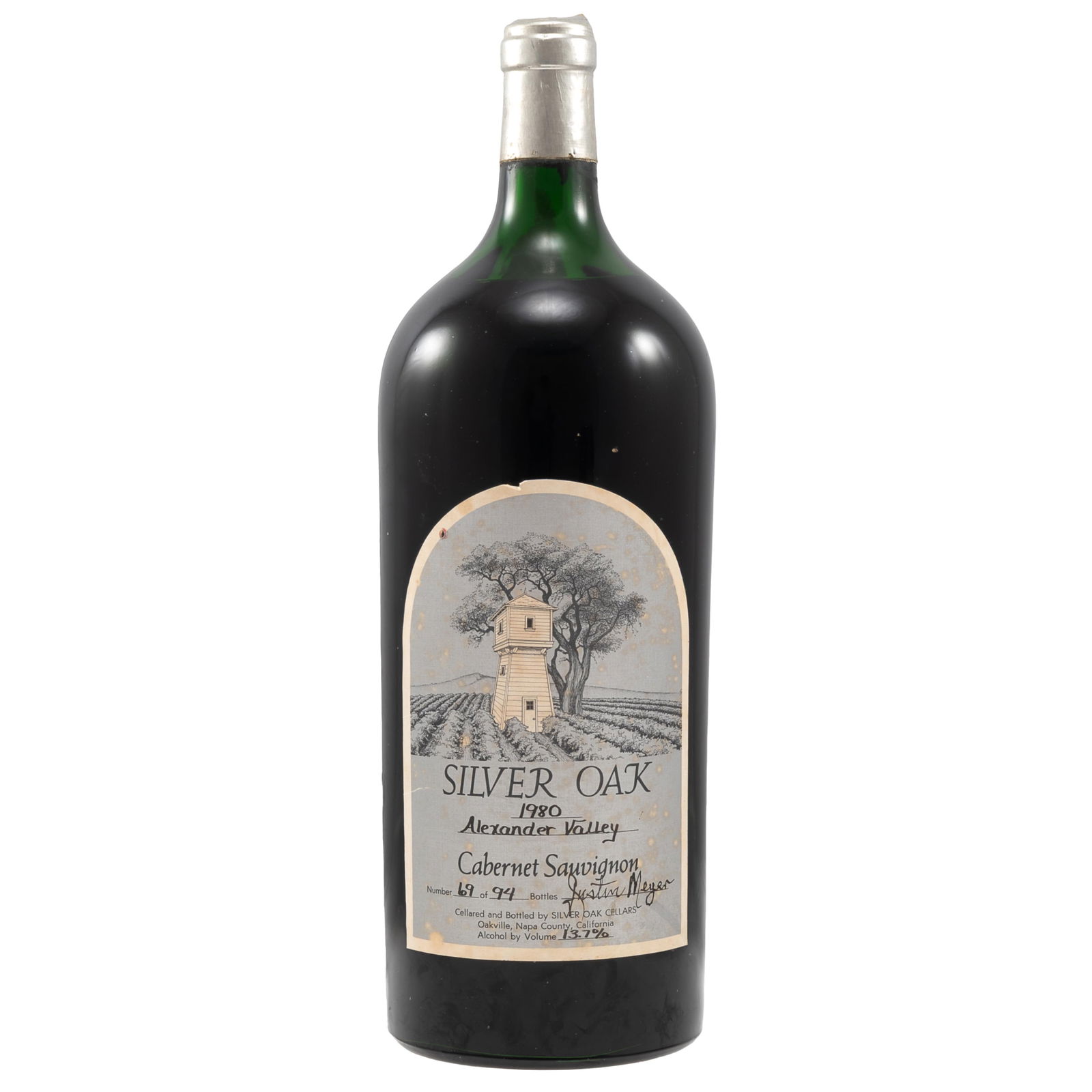 1980 Silver Oak Cellars Alexander Valley Cabernet Sauvignon Imperial: 1980 Silver Oak Cellars Alexander Valley Cabernet Sauvignon Imperial Napa Valley 1 bottle, Imperial (600cl) per lot edition 69/94 signed Justin Meyer Condition: Ullage: Mid shoulder. Label: Slight